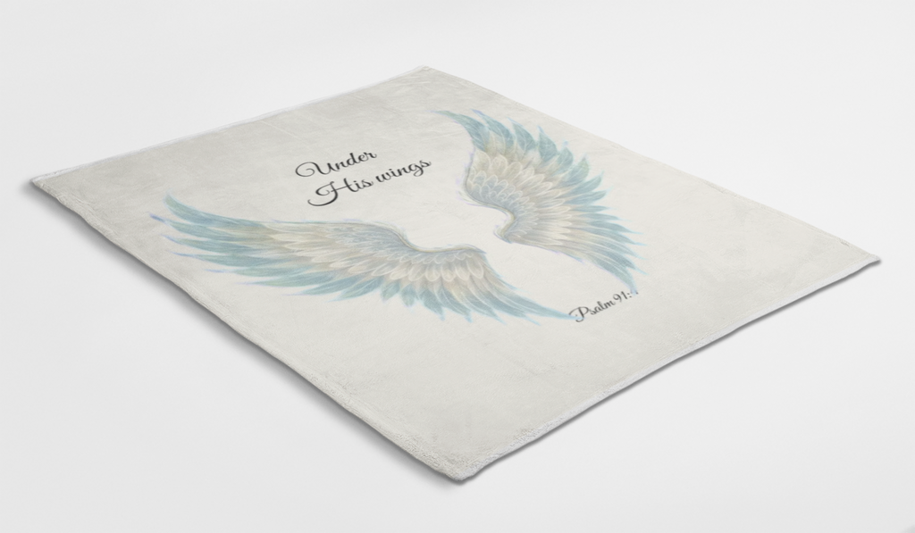 Velveteen Plush Blanket, Blue - "Under His Wings" Psalm 91:4 Christian Throw