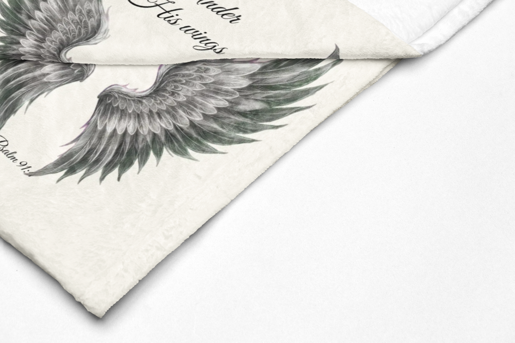 Velveteen Plush Blanket, Black Wings - "Under His Wings" Psalm 91:4 Christian Throw
