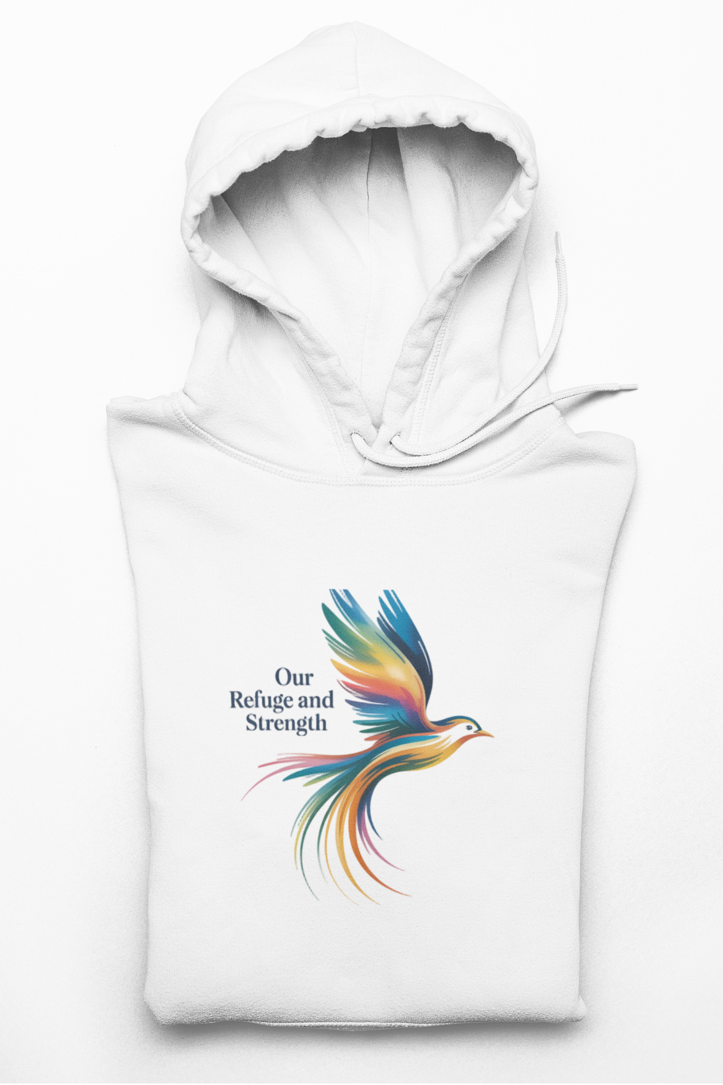 Freedom Sparrow Hoodie — Colorful Bird “One Refuge One Strength” Chest Print