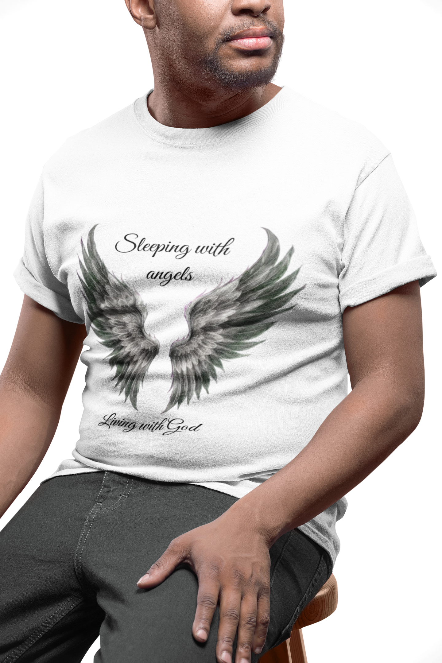 Black Angel Wings T-Shirt — “Sleeping with angels, living with God.” Christian Faith Tee