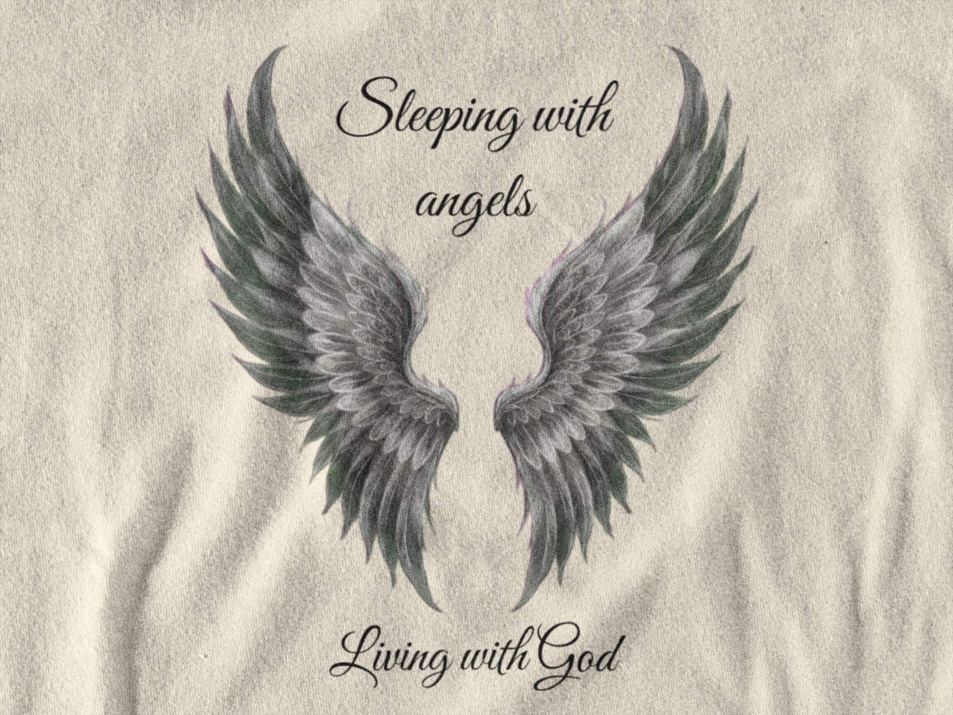 Black Angel Wings T-Shirt — “Sleeping with angels, living with God.” Christian Faith Tee