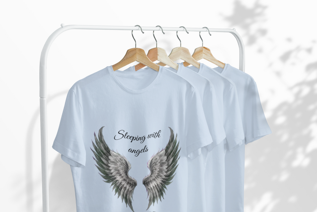 Black Angel Wings T-Shirt — “Sleeping with angels, living with God.” Christian Faith Tee
