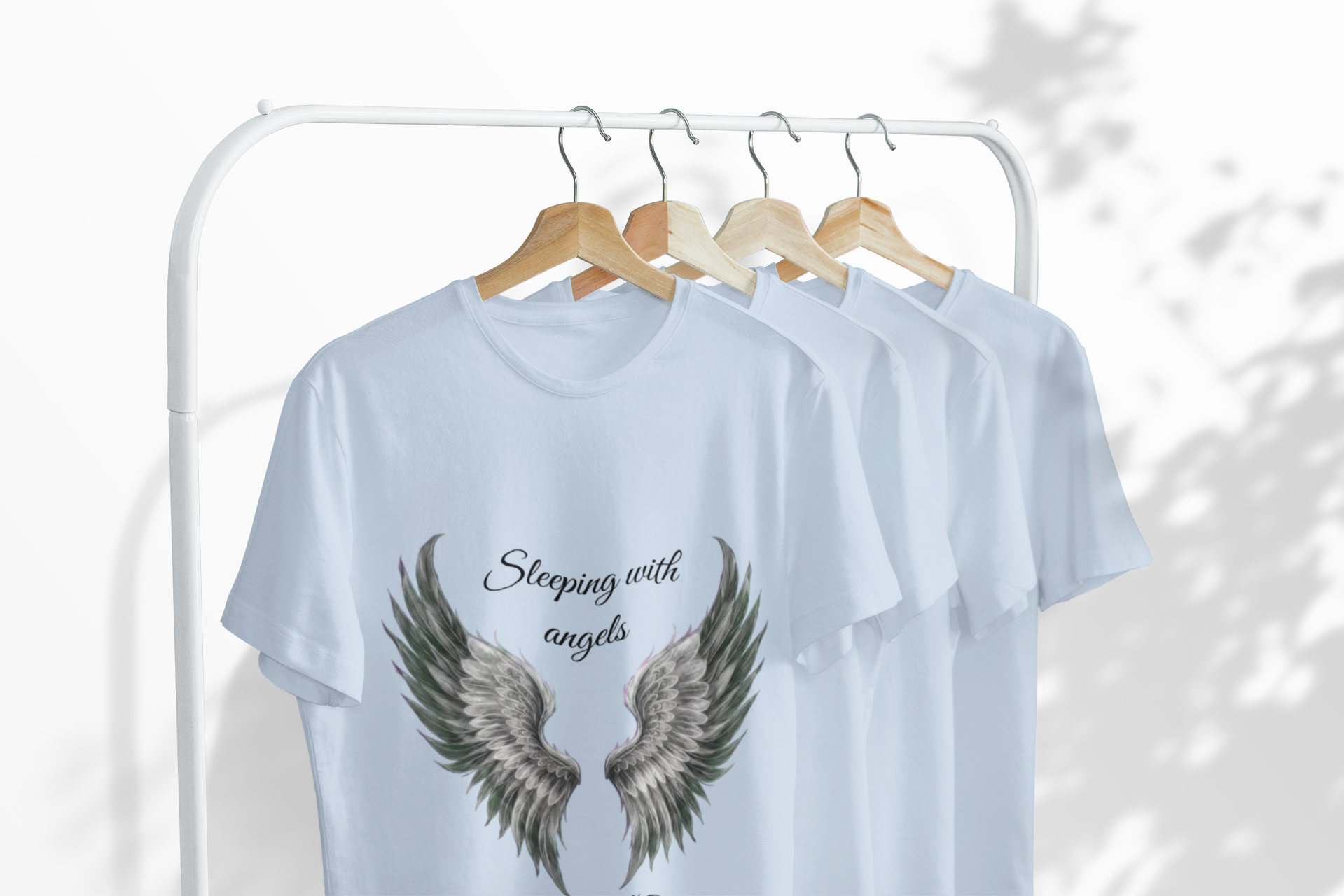 Black Angel Wings T-Shirt — “Sleeping with angels, living with God.” Christian Faith Tee