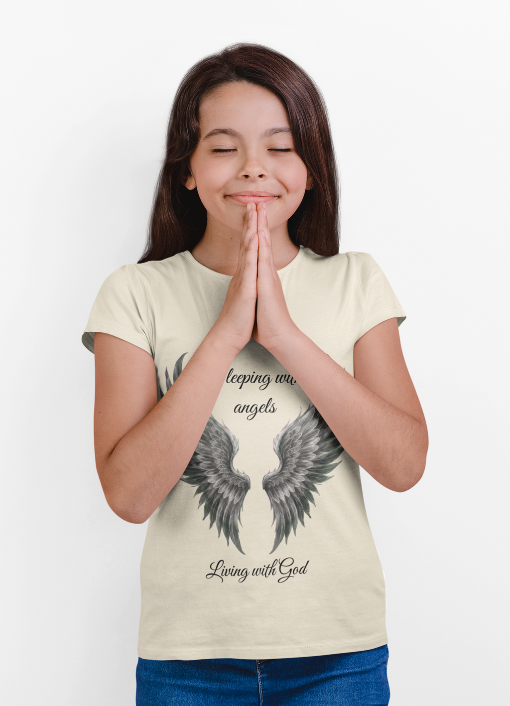 Black Angel Wings T-Shirt — “Sleeping with angels, living with God.” Christian Faith Tee