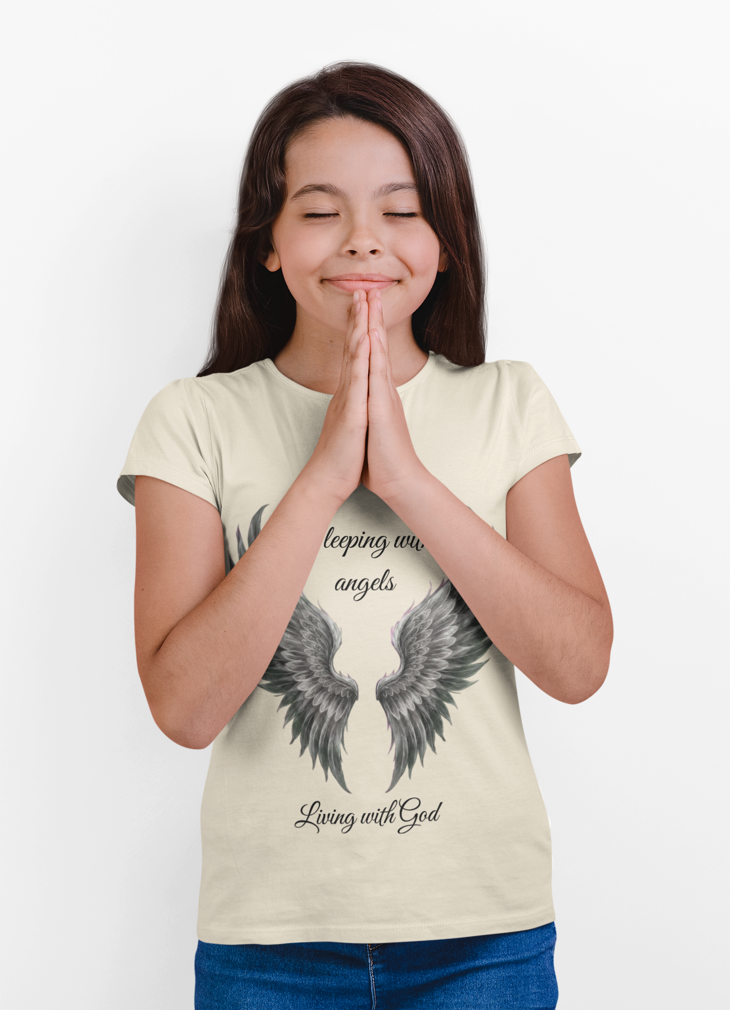 Black Angel Wings T-Shirt — “Sleeping with angels, living with God.” Christian Faith Tee