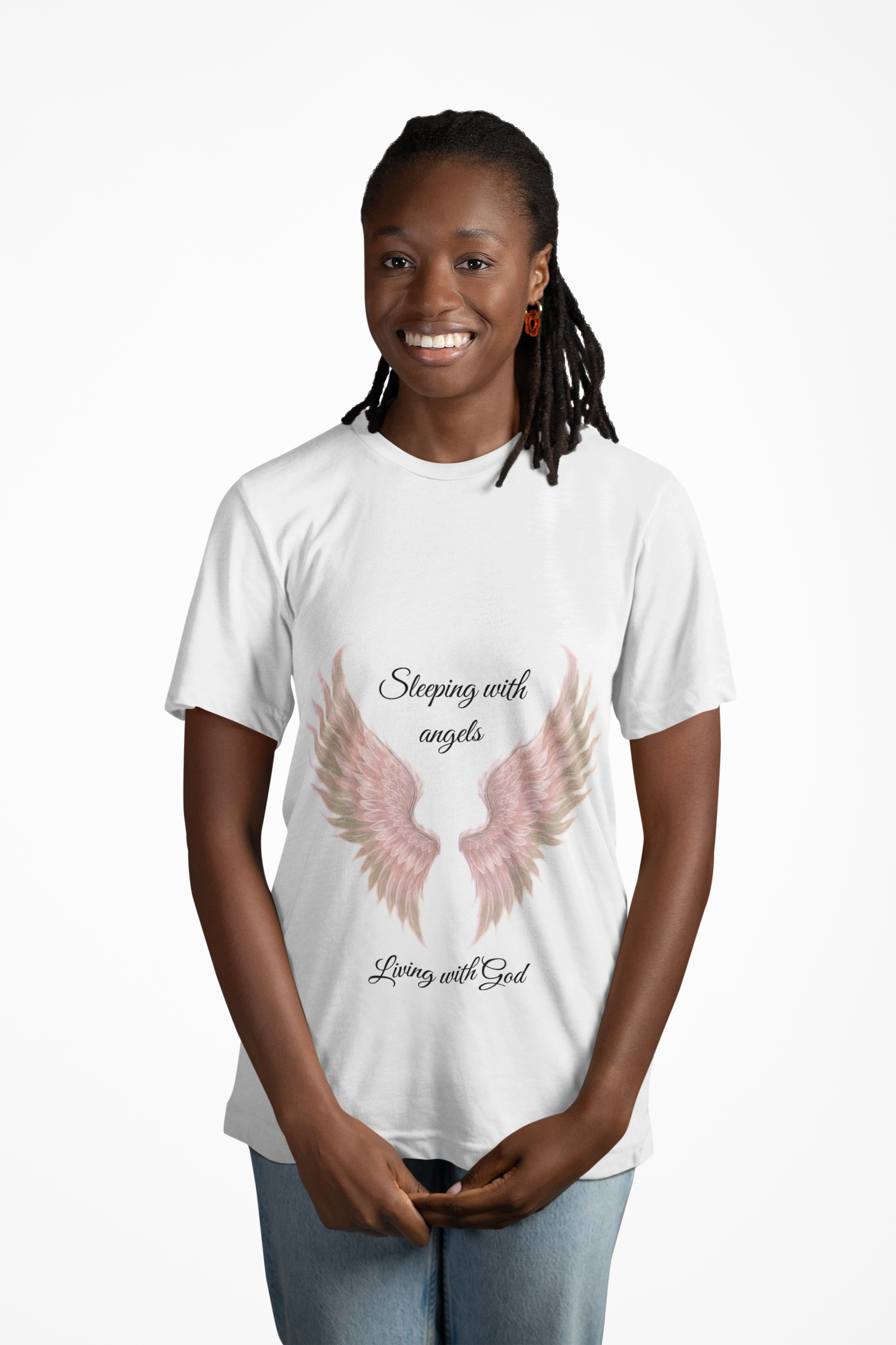 Pink Angel Wings T-Shirt — “Sleeping with angels, living with God.” Christian Faith Tee