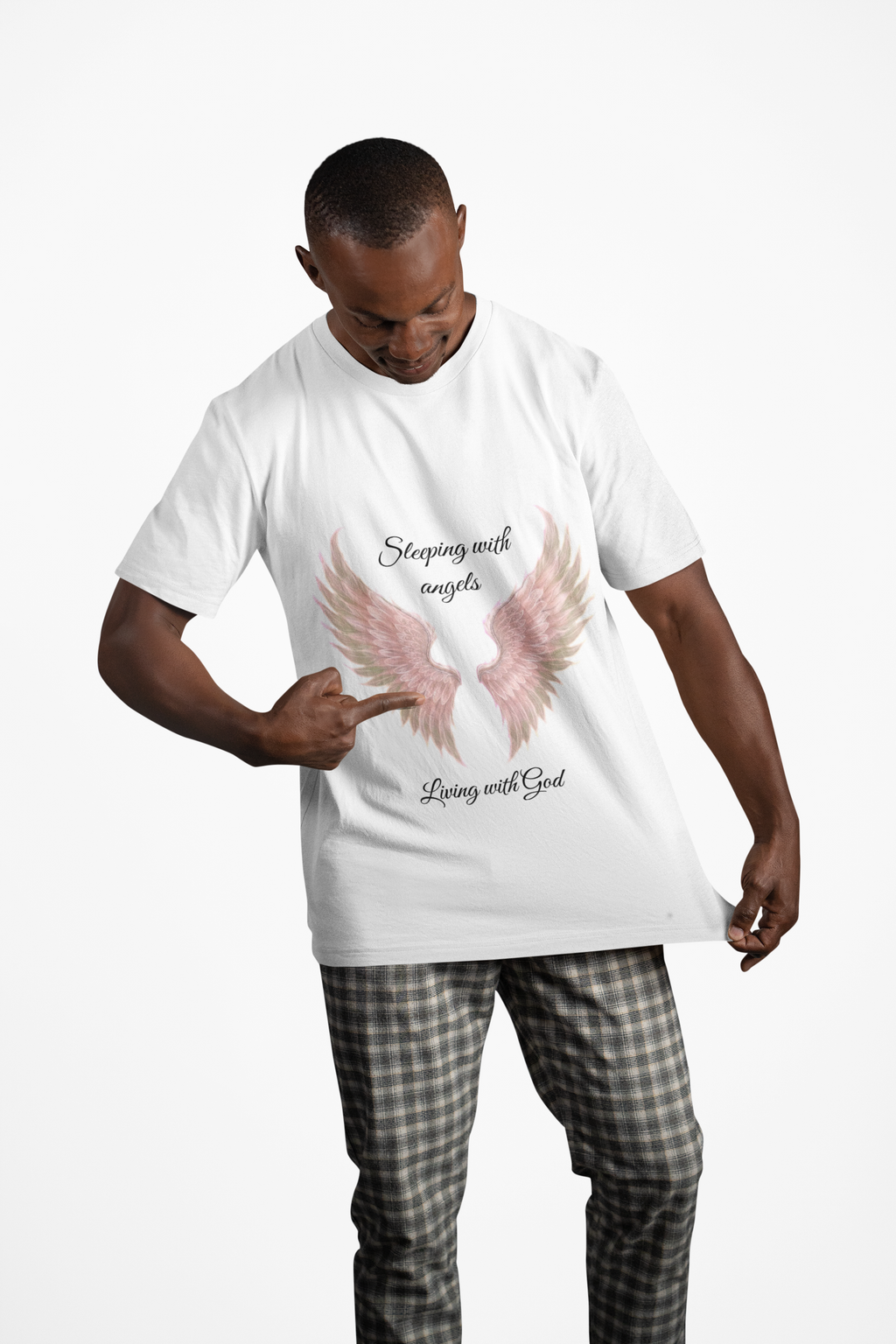 Pink Angel Wings T-Shirt — “Sleeping with angels, living with God.” Christian Faith Tee