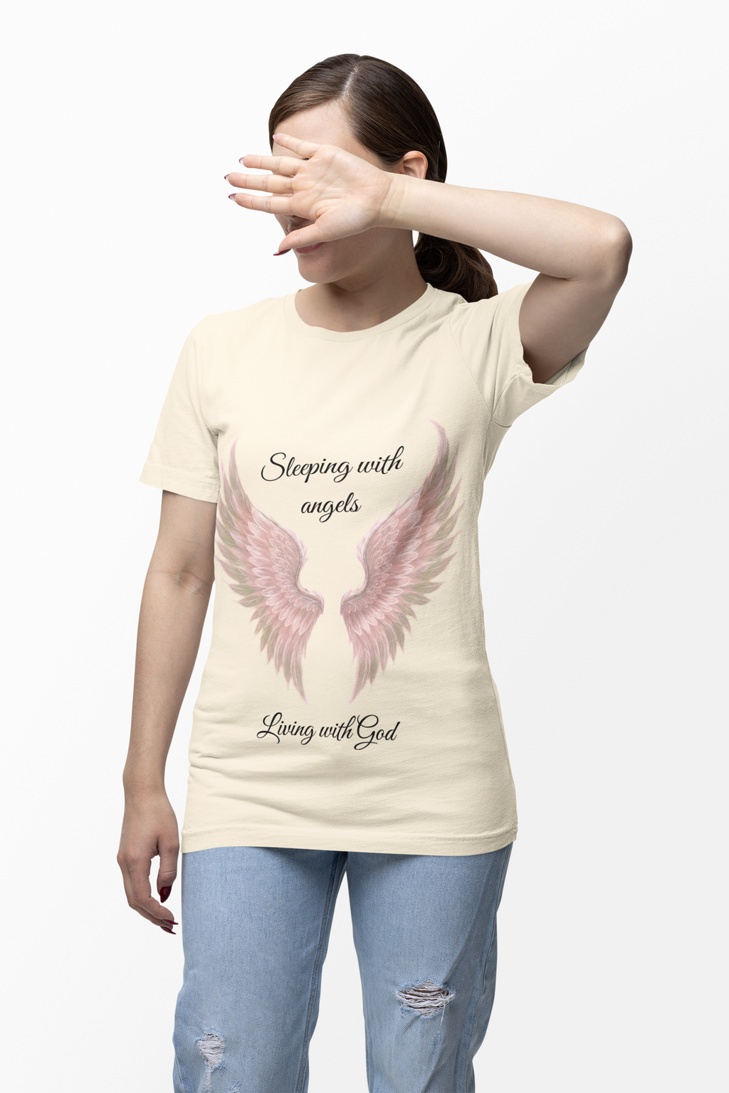 Pink Angel Wings T-Shirt — “Sleeping with angels, living with God.” Christian Faith Tee