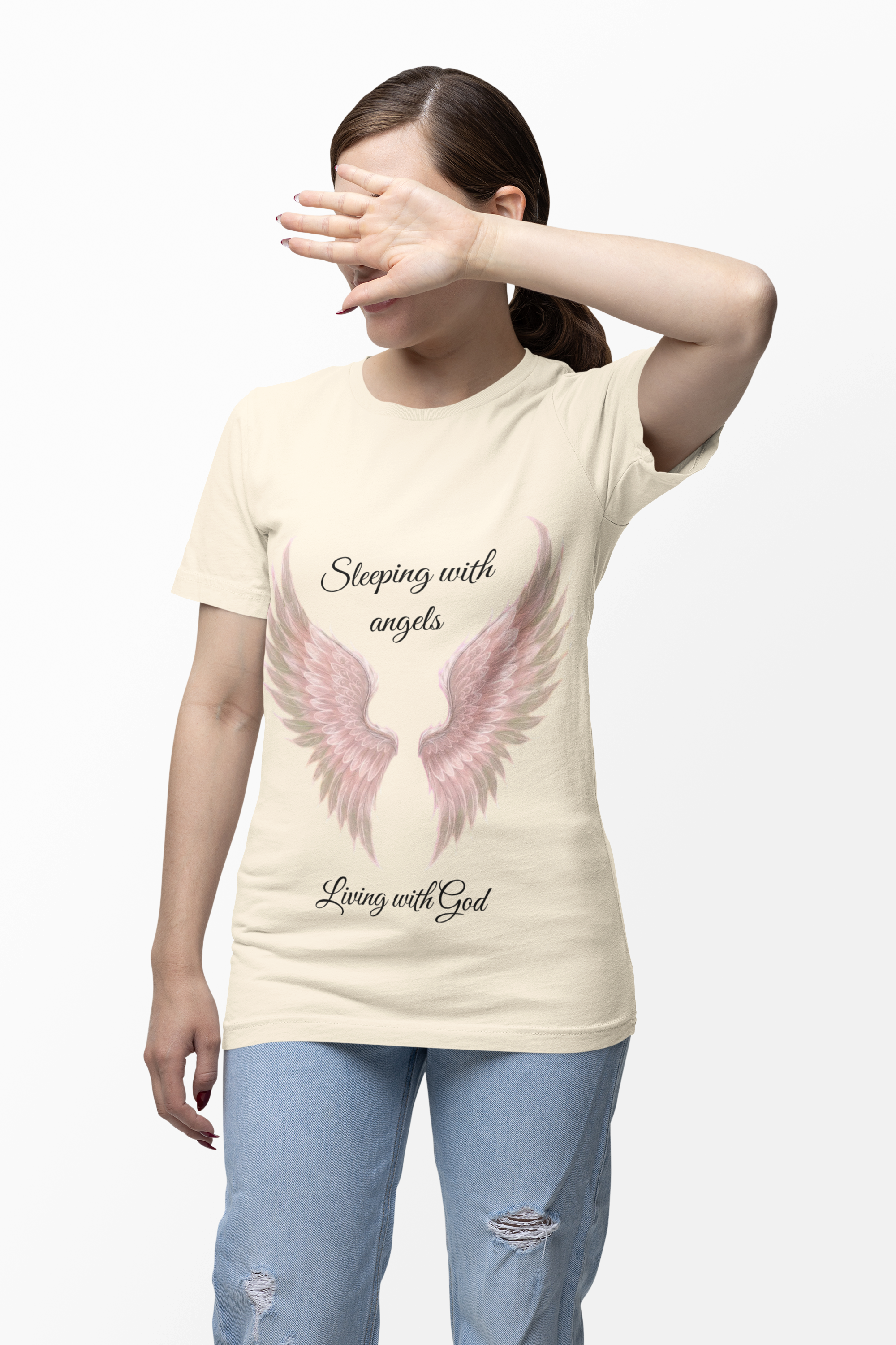 Pink Angel Wings T-Shirt — “Sleeping with angels, living with God.” Christian Faith Tee