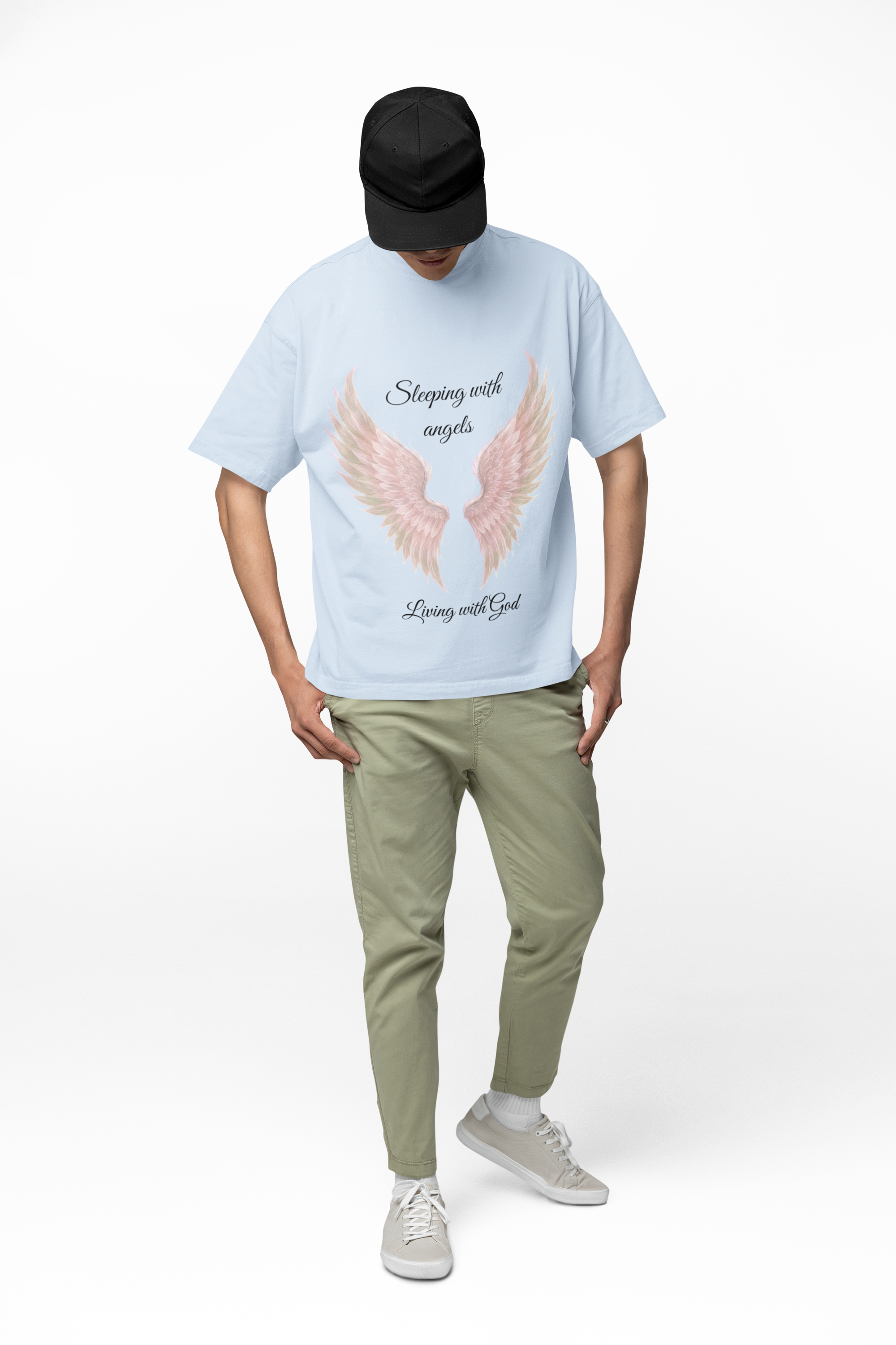 Pink Angel Wings T-Shirt — “Sleeping with angels, living with God.” Christian Faith Tee