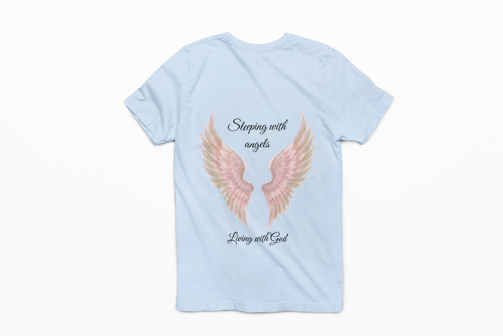 Pink Angel Wings T-Shirt — “Sleeping with angels, living with God.” Christian Faith Tee