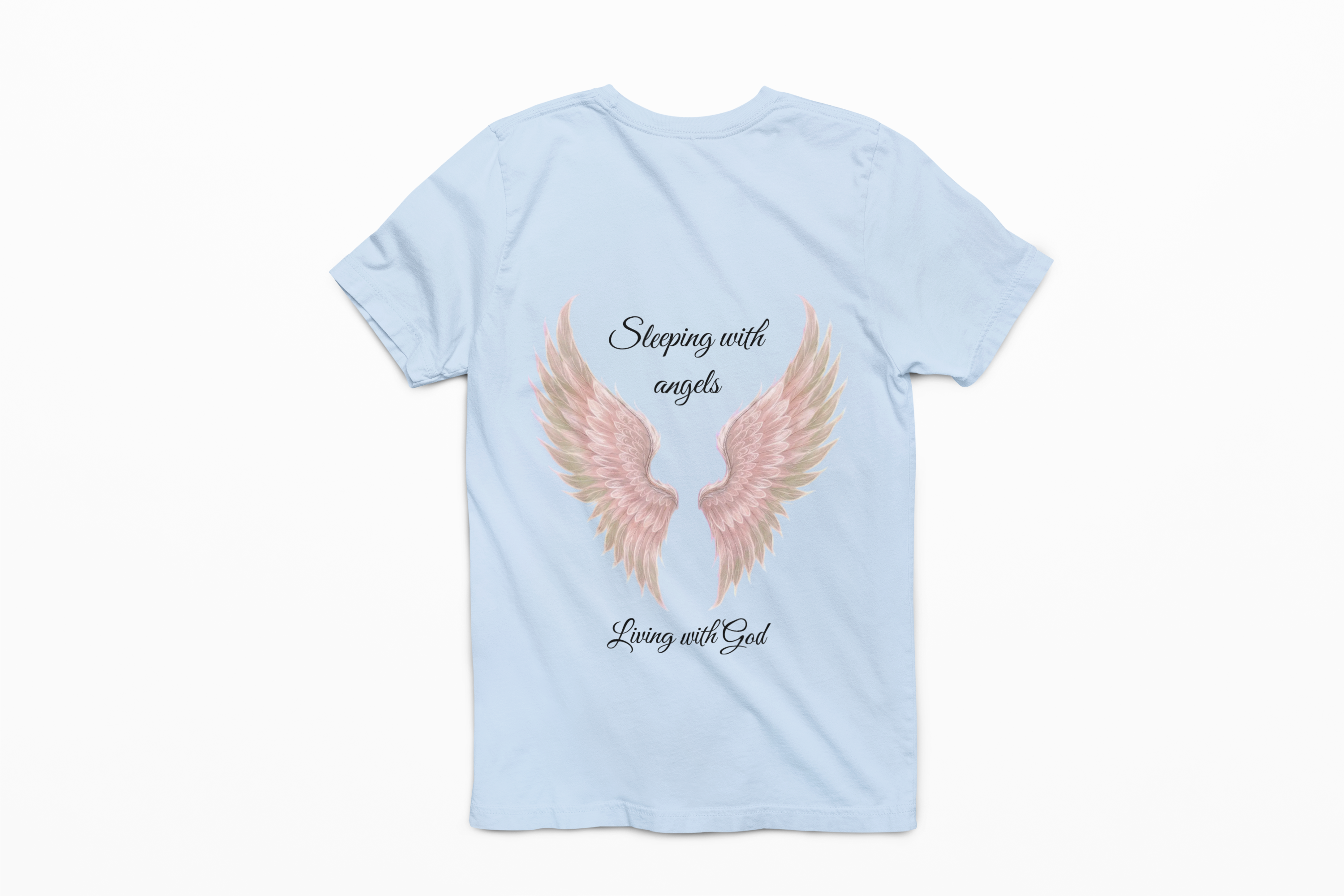 Pink Angel Wings T-Shirt — “Sleeping with angels, living with God.” Christian Faith Tee