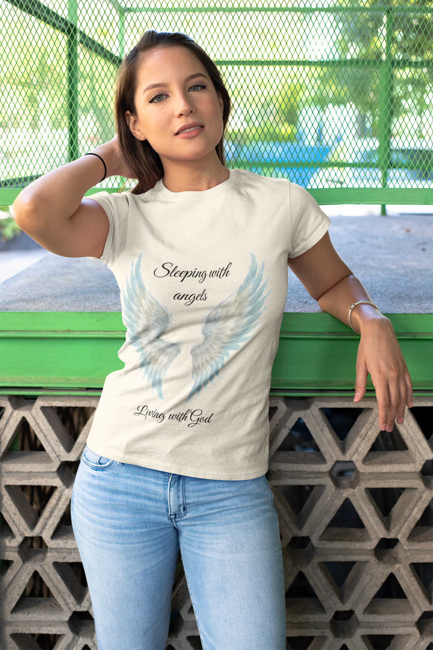 Blue Angel Wings T-Shirt — “Sleeping with angels, living with God.” Christian Faith Tee