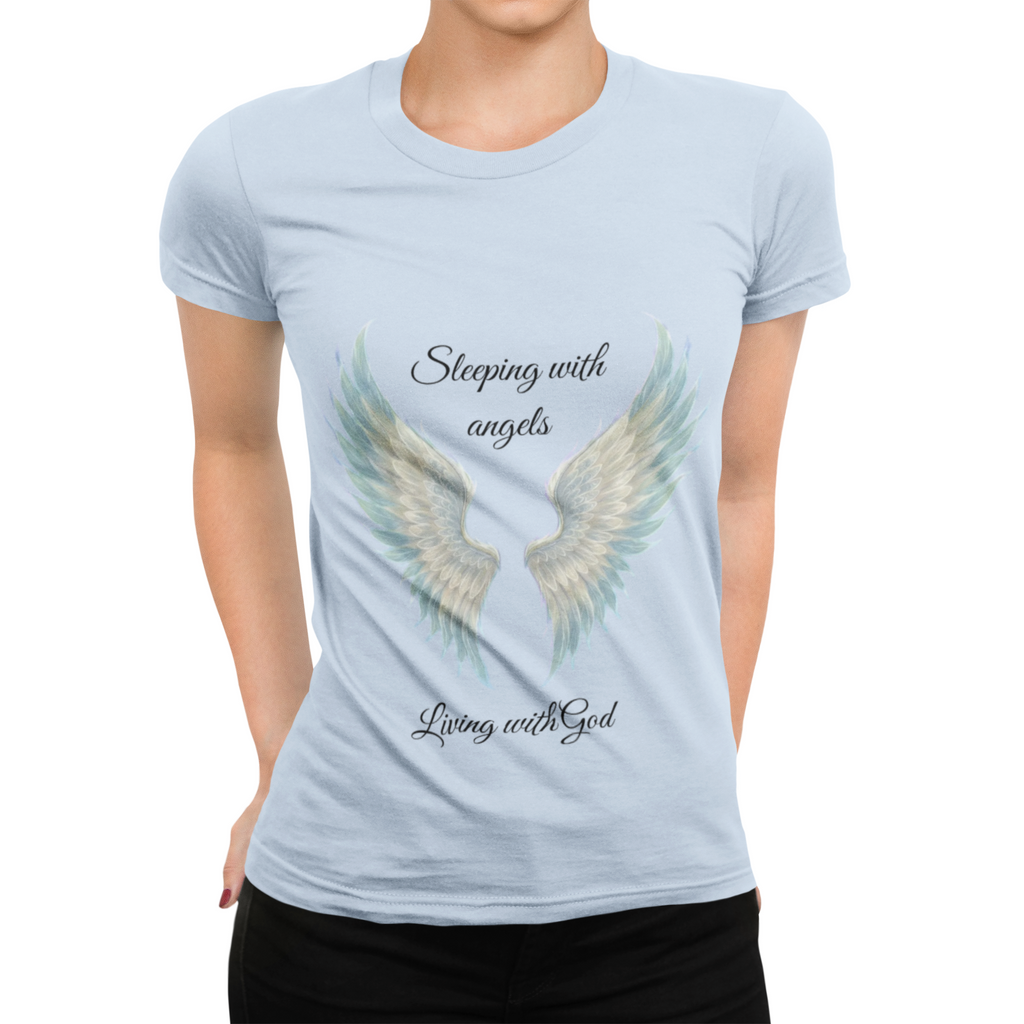 Blue Angel Wings T-Shirt — “Sleeping with angels, living with God.” Christian Faith Tee