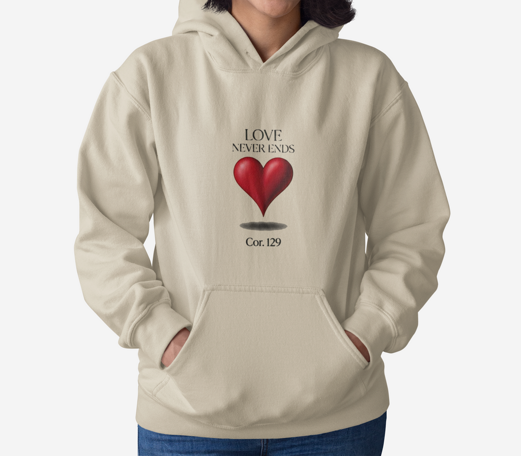 Christian Hoodie — 'Love Never Ends' Heart Design (1 Cor. 13:8)