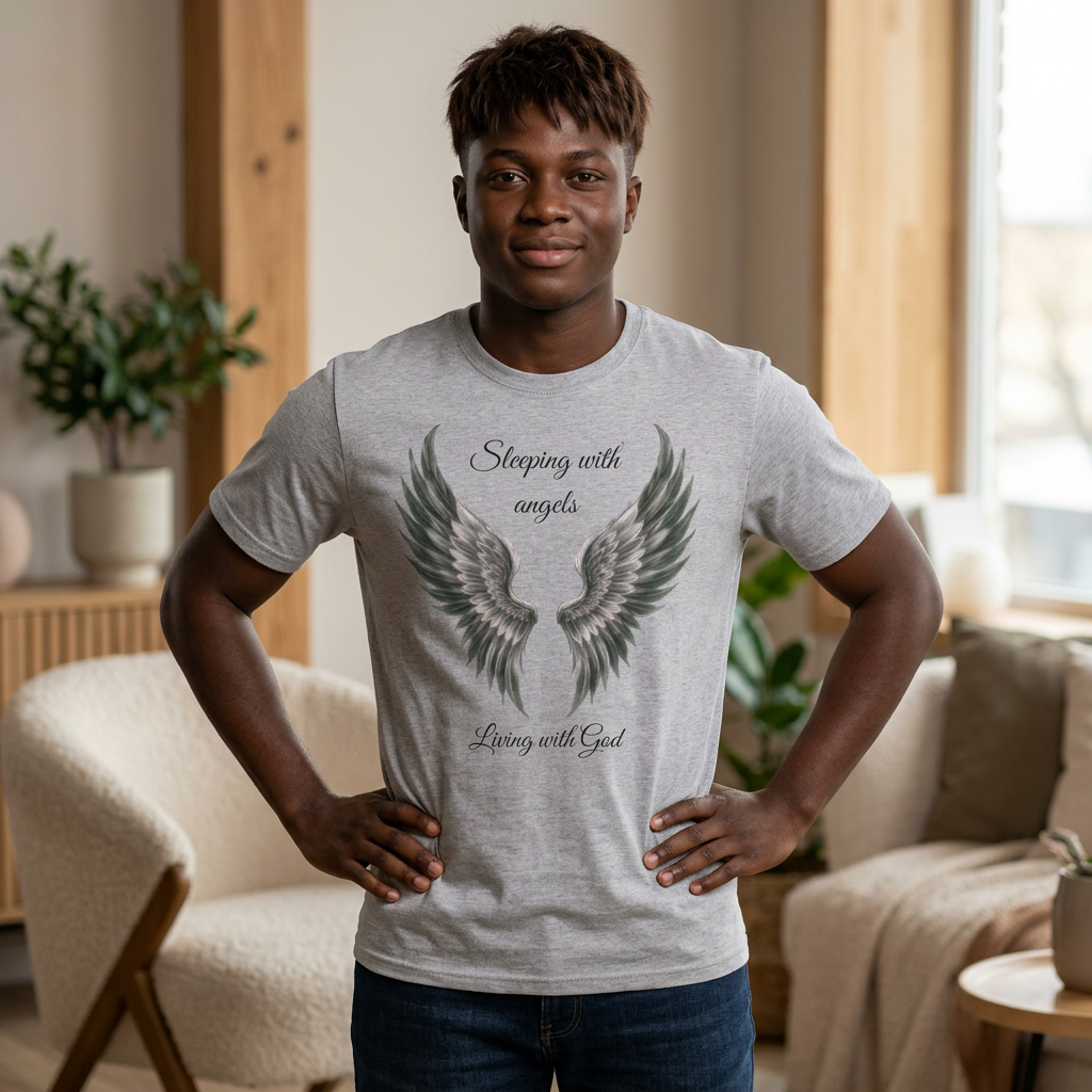 Black Angel Wings T-Shirt — “Sleeping with angels, living with God.” Christian Faith Tee