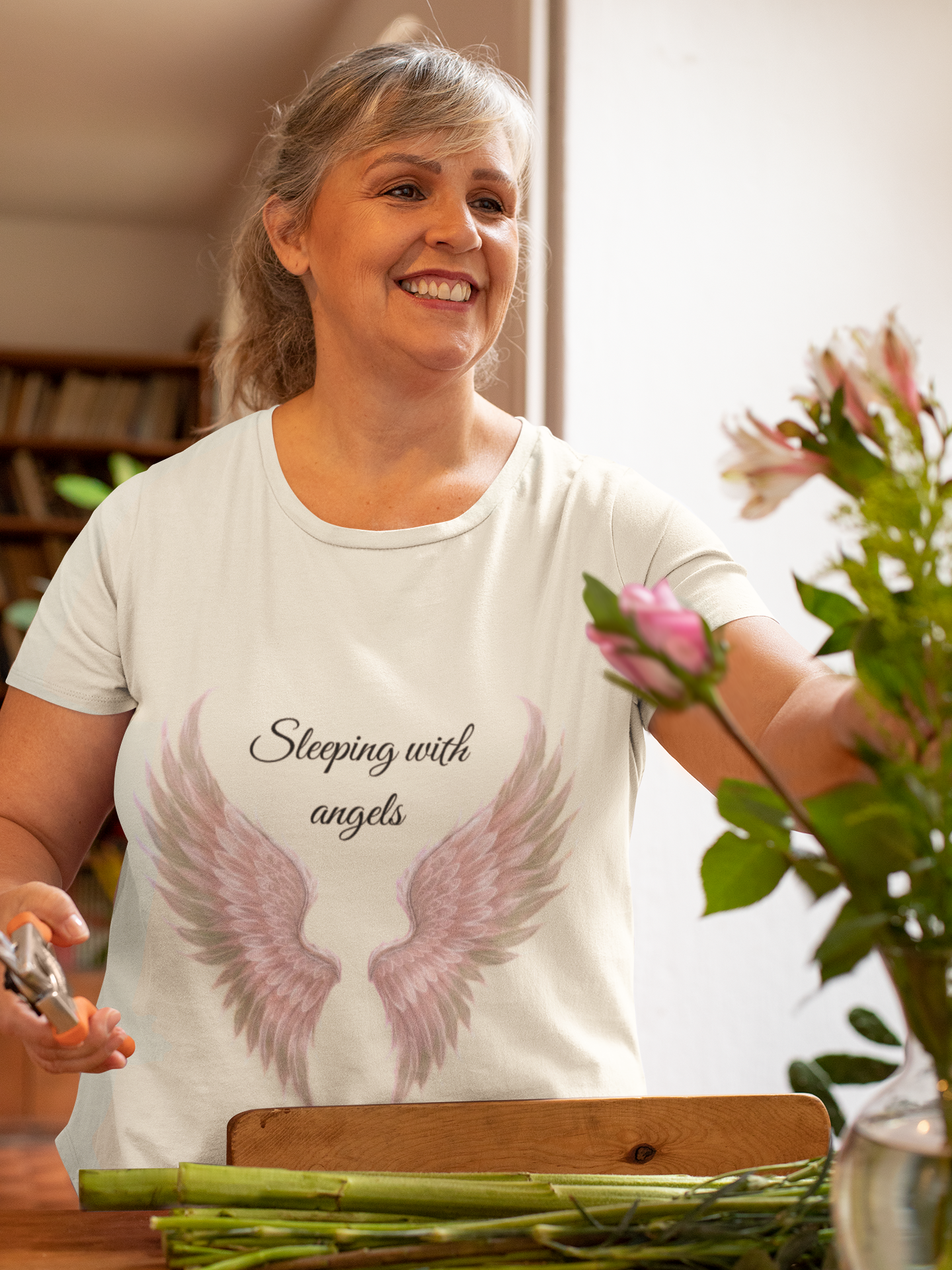 Pink Angel Wings T-Shirt — “Sleeping with angels, living with God.” Christian Faith Tee