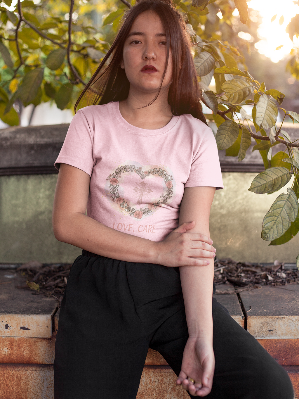 Love, Care and Pray - Christian Cross Heart T-Shirt
