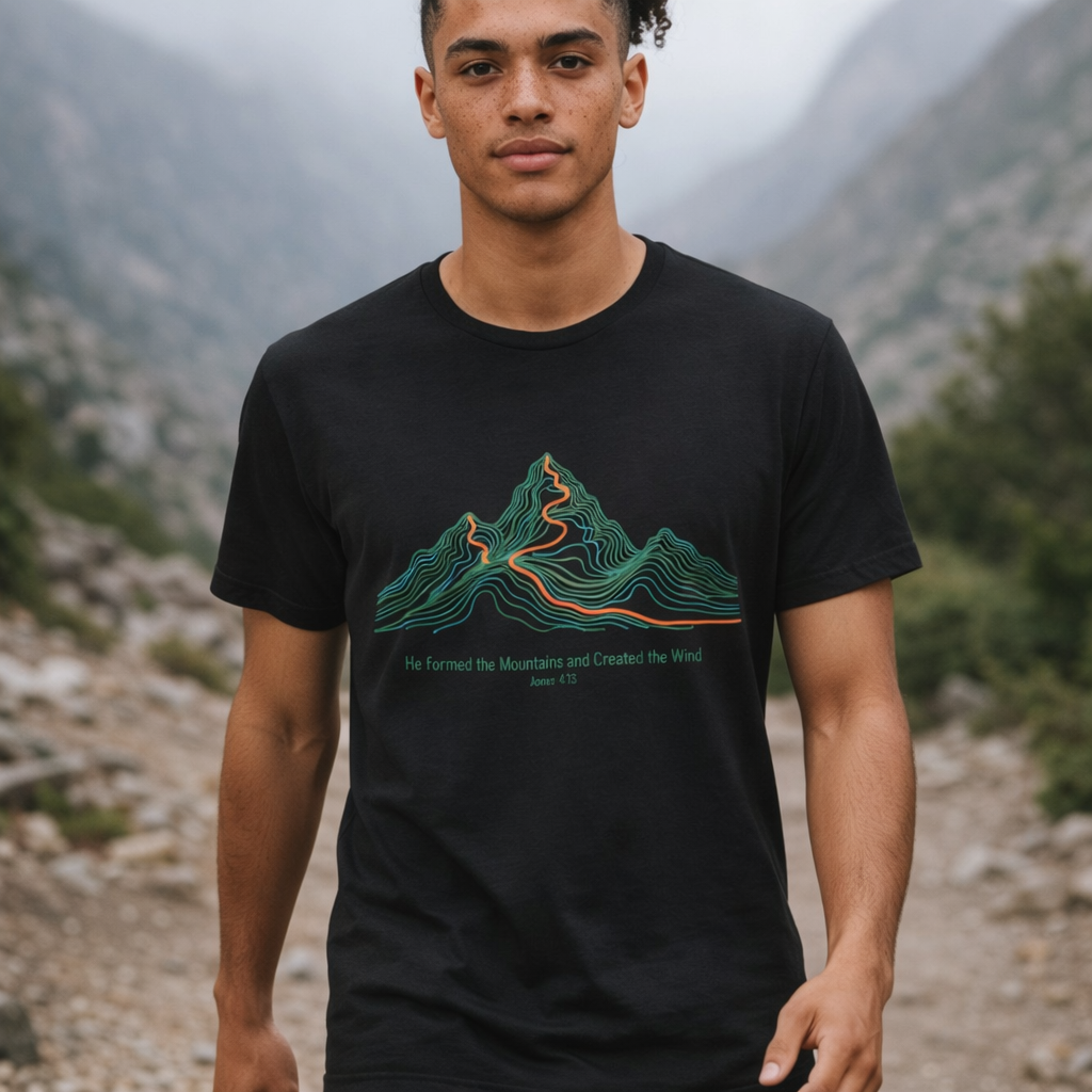 He Formed the Mountains Tee — Topographic Mountain Bible Verse T-Shirt
