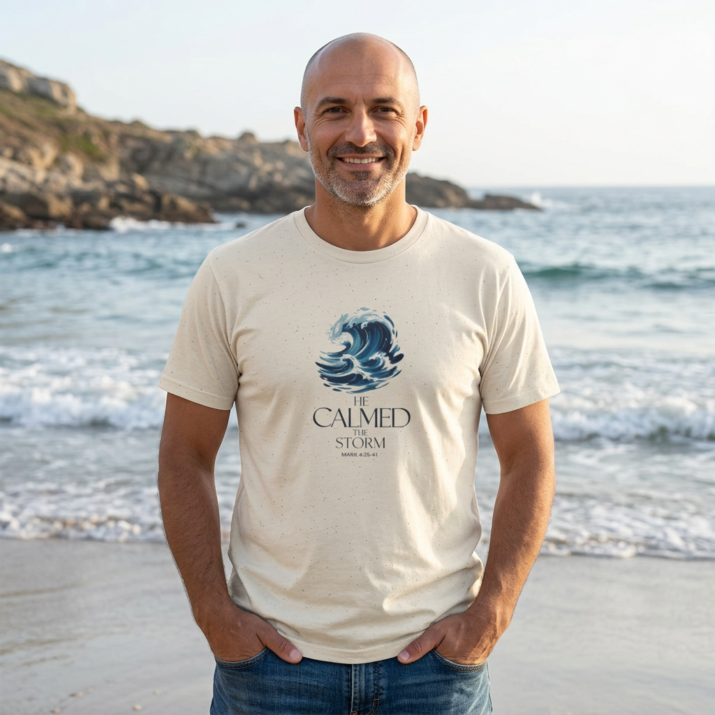 He Calmed the Storm Christian T-Shirt — Dramatic Waves Faith Tee