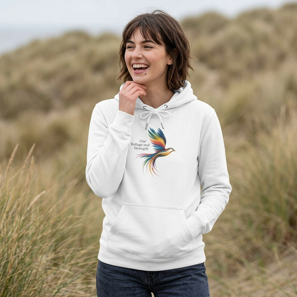Freedom Sparrow Hoodie — Colorful Bird “One Refuge One Strength” Chest Print