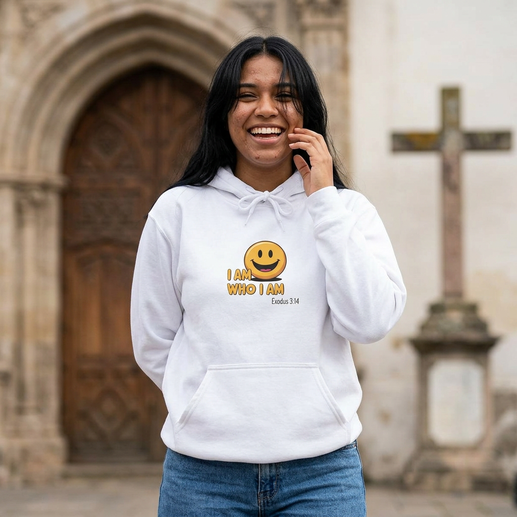 Hoodie — "I Am Who I Am" Smiley Christian Faith Graphic Hoodie