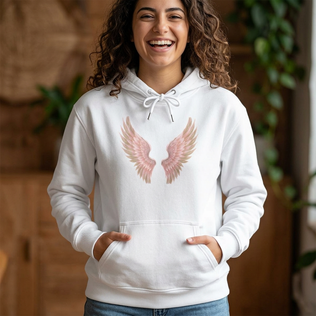 Angel Wings Hoodie — Pastel Pink Feather Graphic Pullover