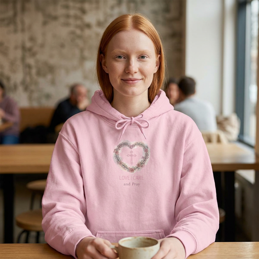 Floral Heart 'Love, Care, Pray Hoodie — Soft Christian/Valentine's Sweatshirt