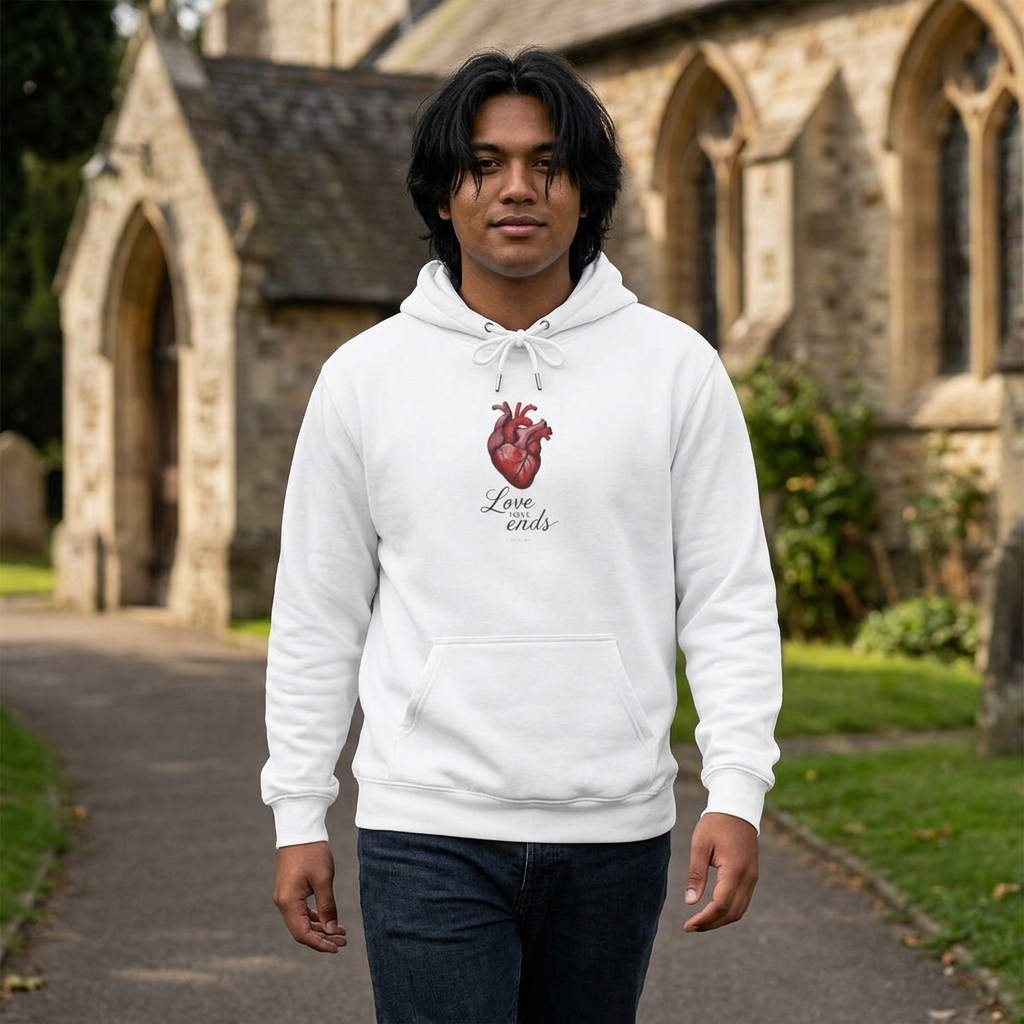Love Never Ends Hoodie — Realistic Heart Christian Sweatshirt