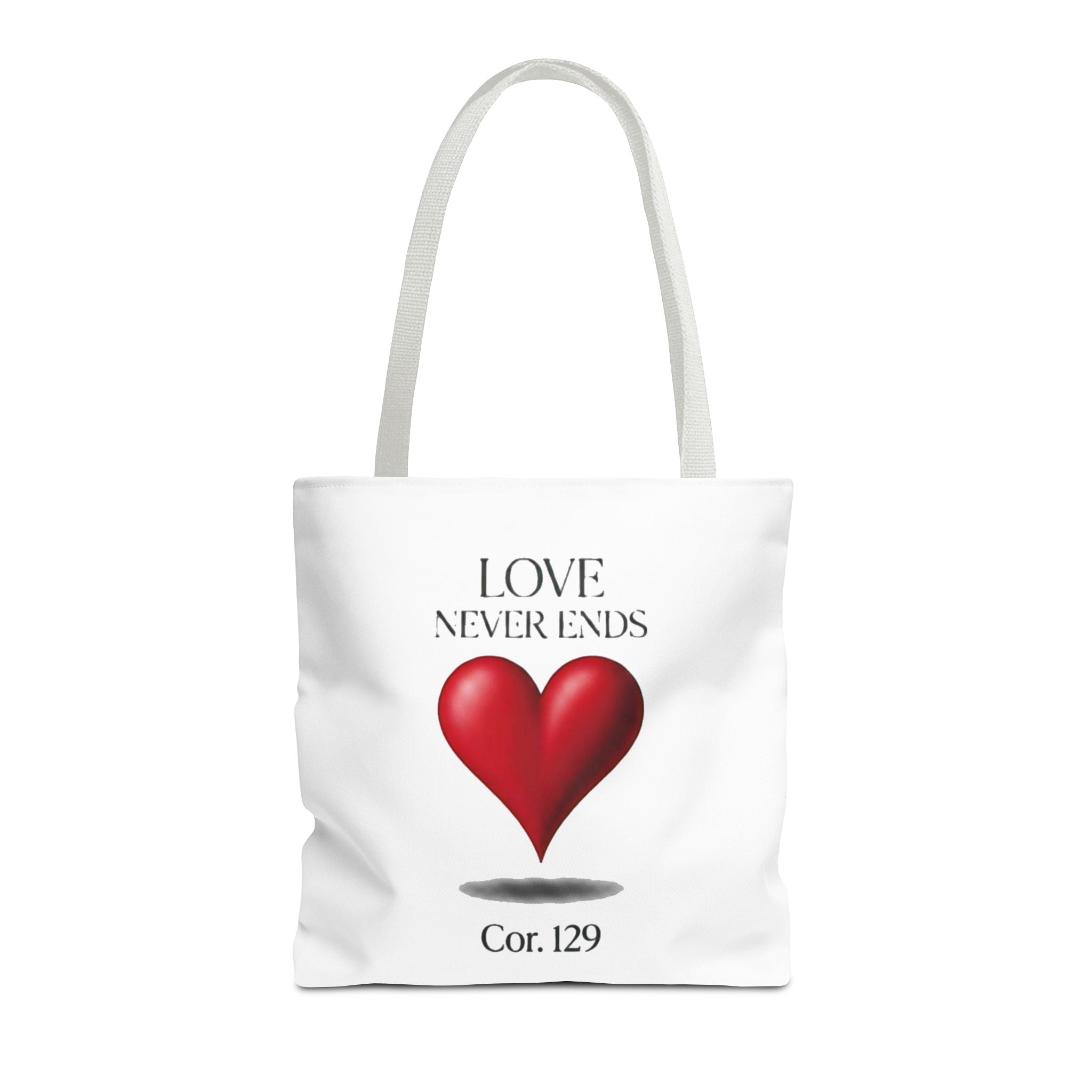 Tote Bag — “Love Never Ends” Heart Tote (Cor. 1:29)