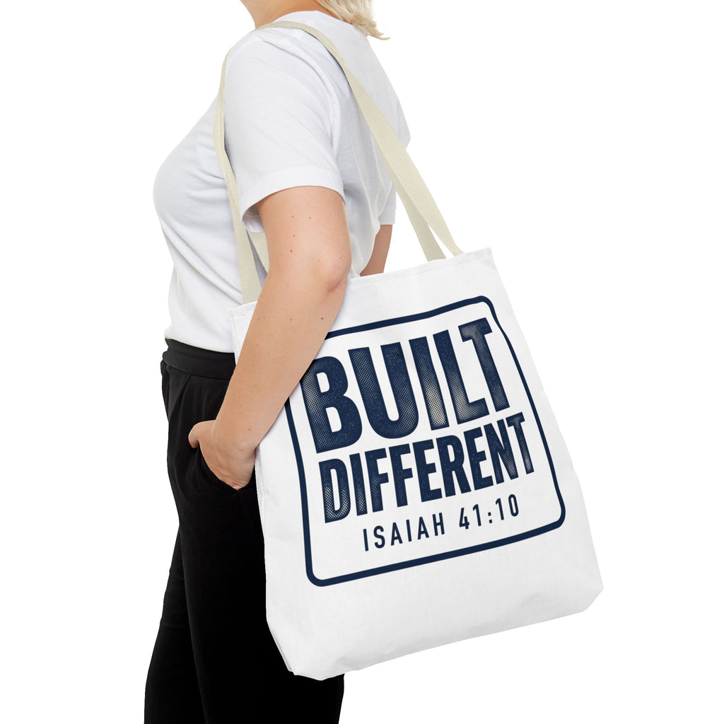 Built Different Tote Bag — Isaiah 41:10 Inspirational Canvas Tote