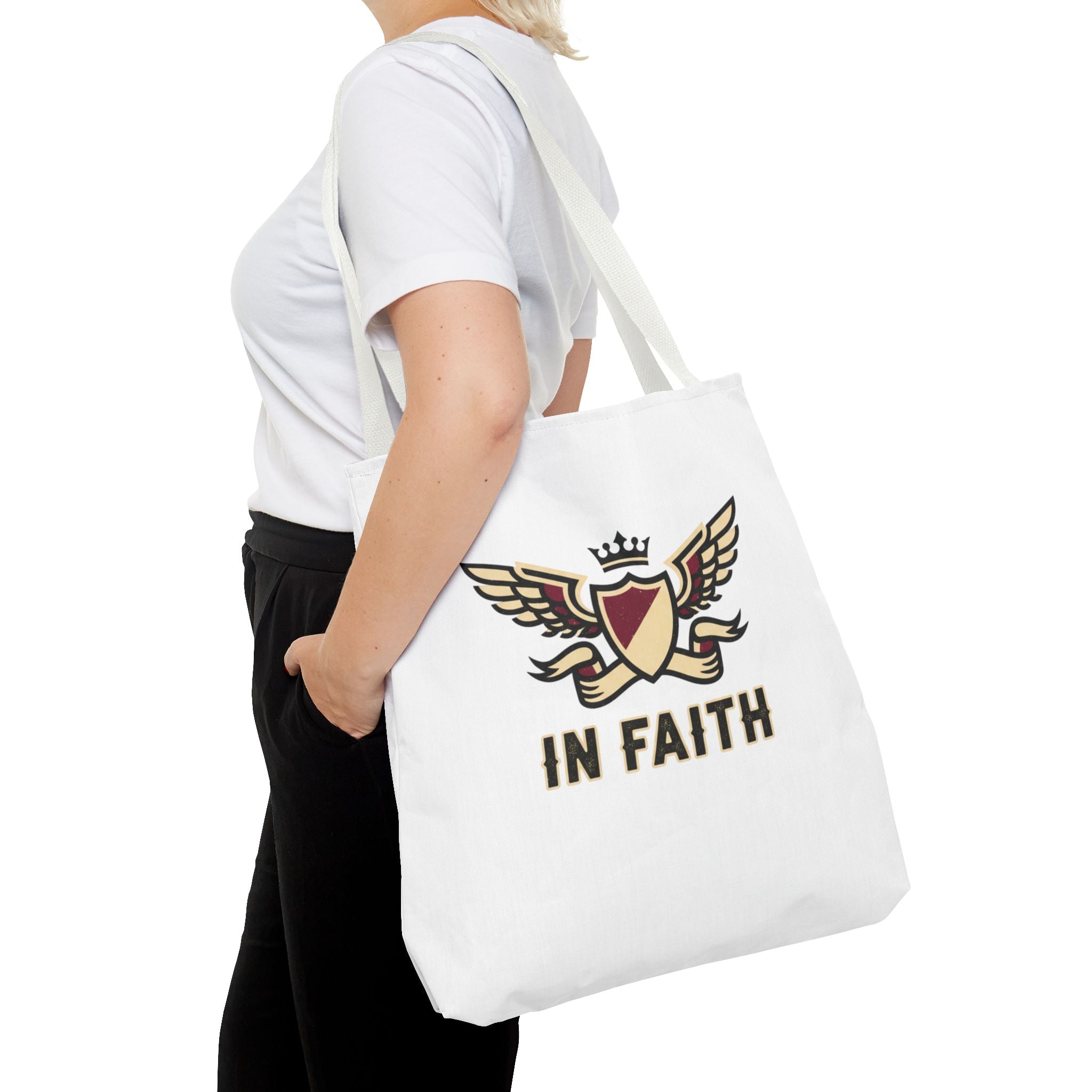 Faith Crest Tote Bag — "In Faith" Winged Shield Everyday Carry