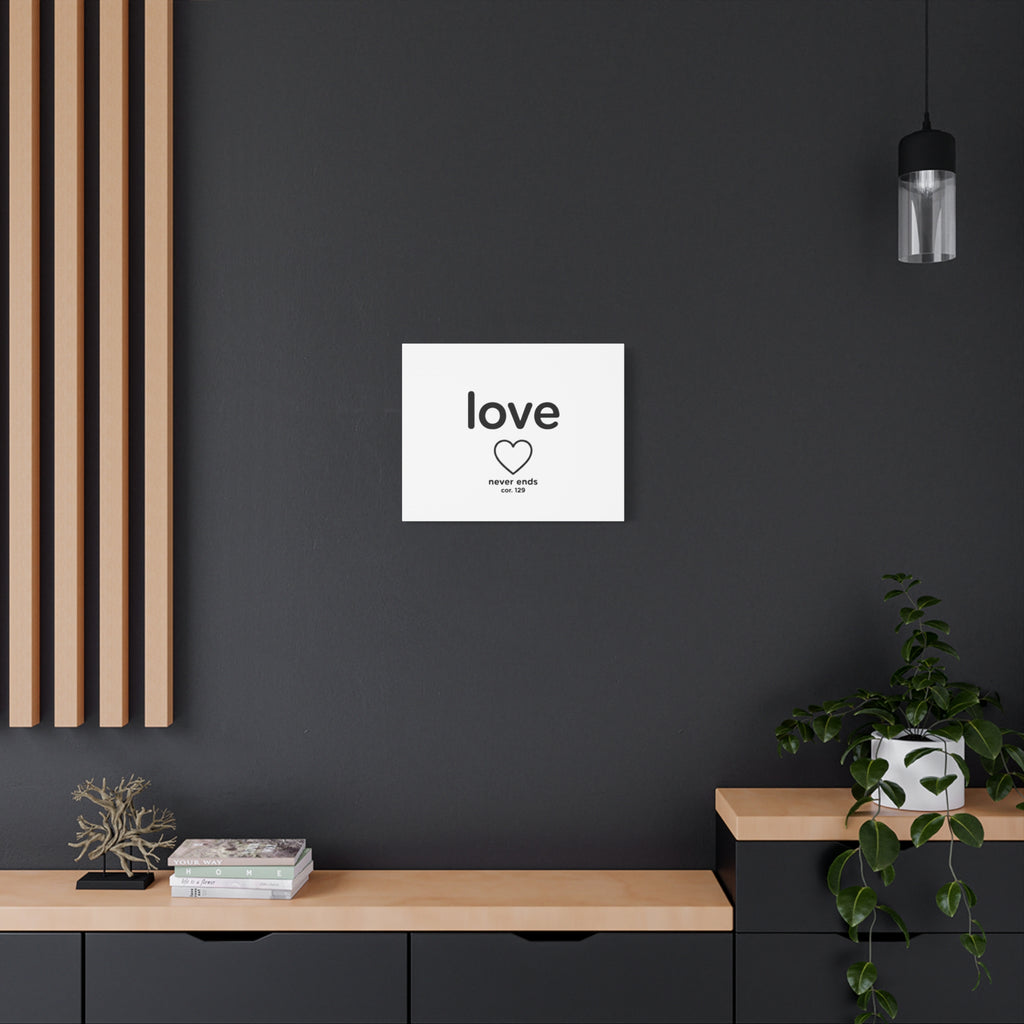 Canvas Wall Art — "love" Heart with "never ends cor. 129" Minimalist Print