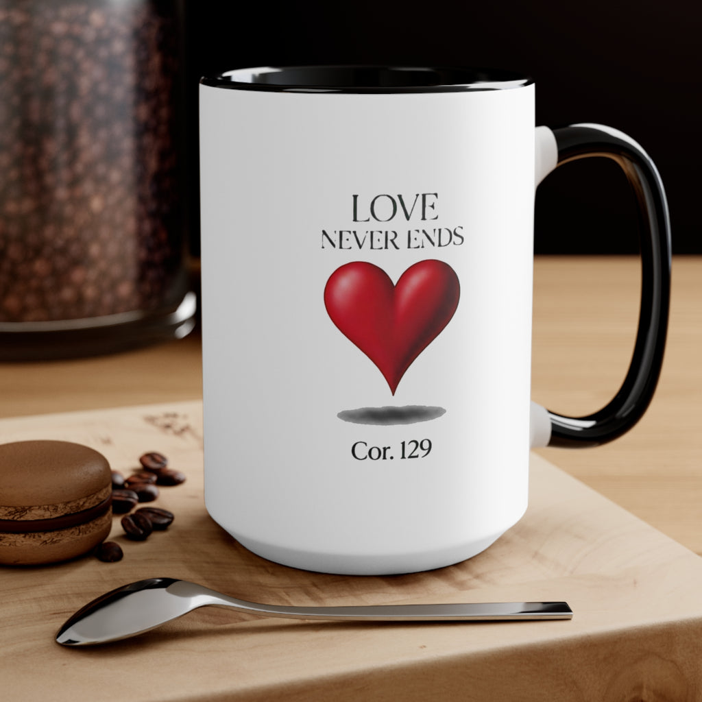 Love Never Ends Mug — Heart Accent Ceramic Mug