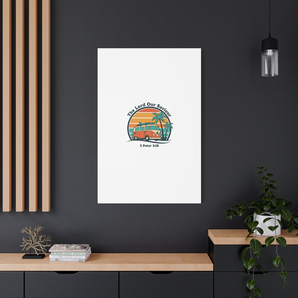The Lord our Saviour, Retro Surf Sunset Canvas | 70s Van Palm Postcard, Analog Sunshine Aesthetic