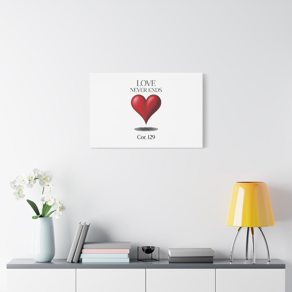 Love Never Ends Canvas Wall Art — Red Heart "Cor. 1:29" Matte Stretched Canvas