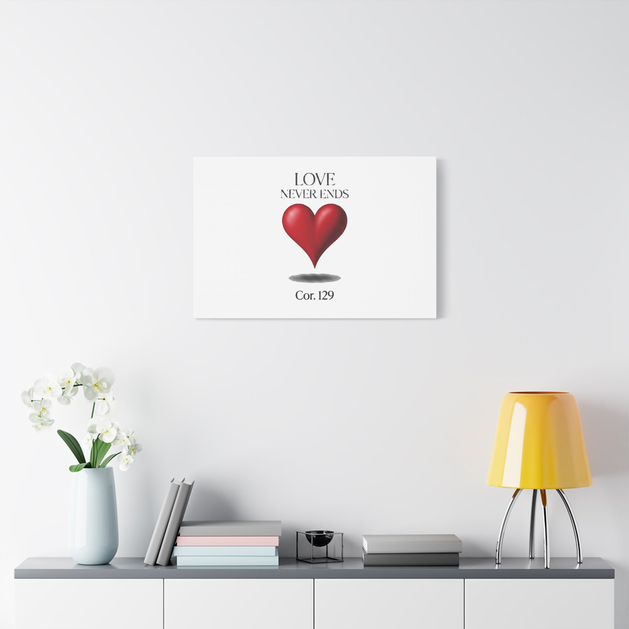 Love Never Ends Canvas Wall Art — Red Heart "Cor. 1:29" Matte Stretched Canvas