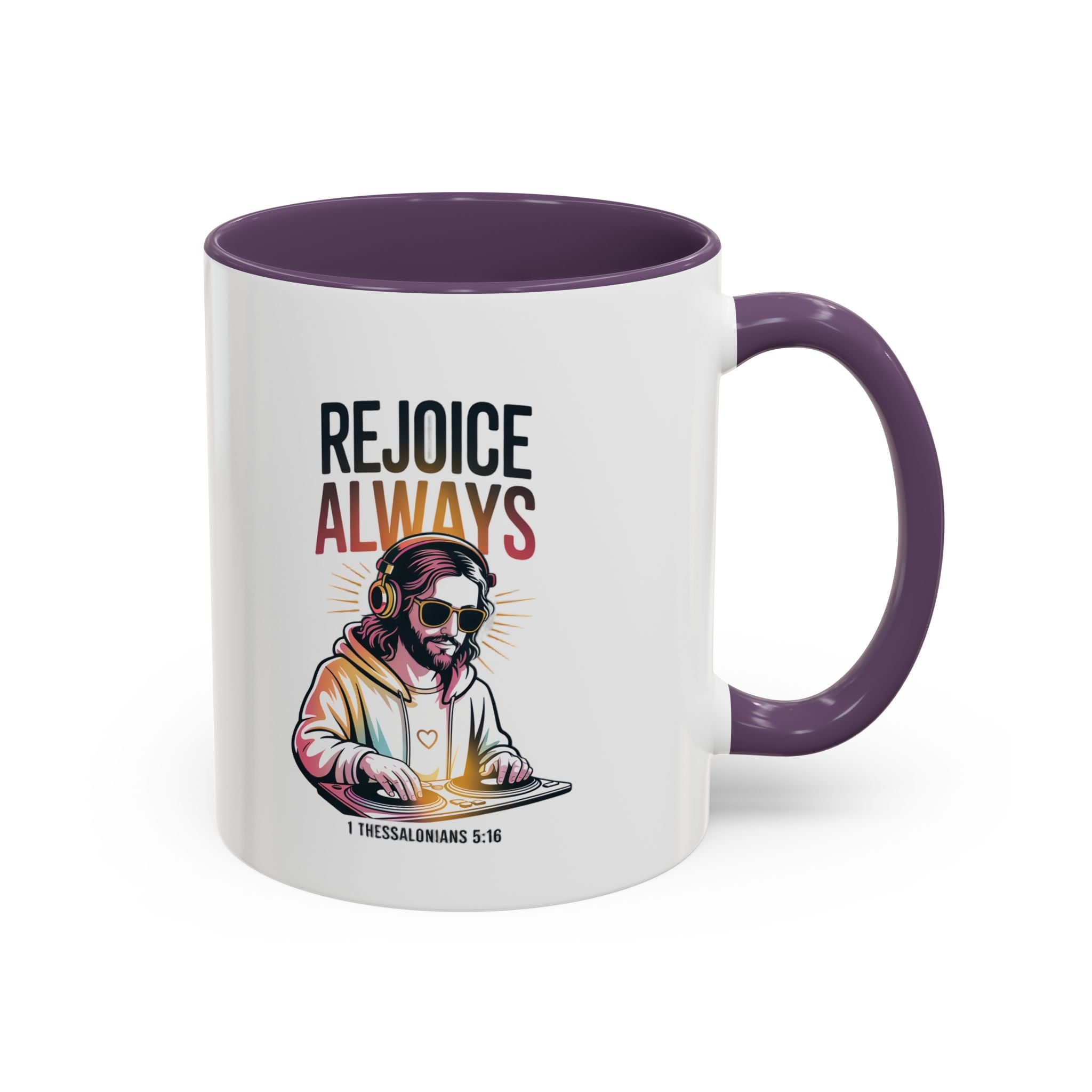 Rejoice Always DJ Coffee Mug — Accent Ceramic Bible Verse Mug (11/15 oz)