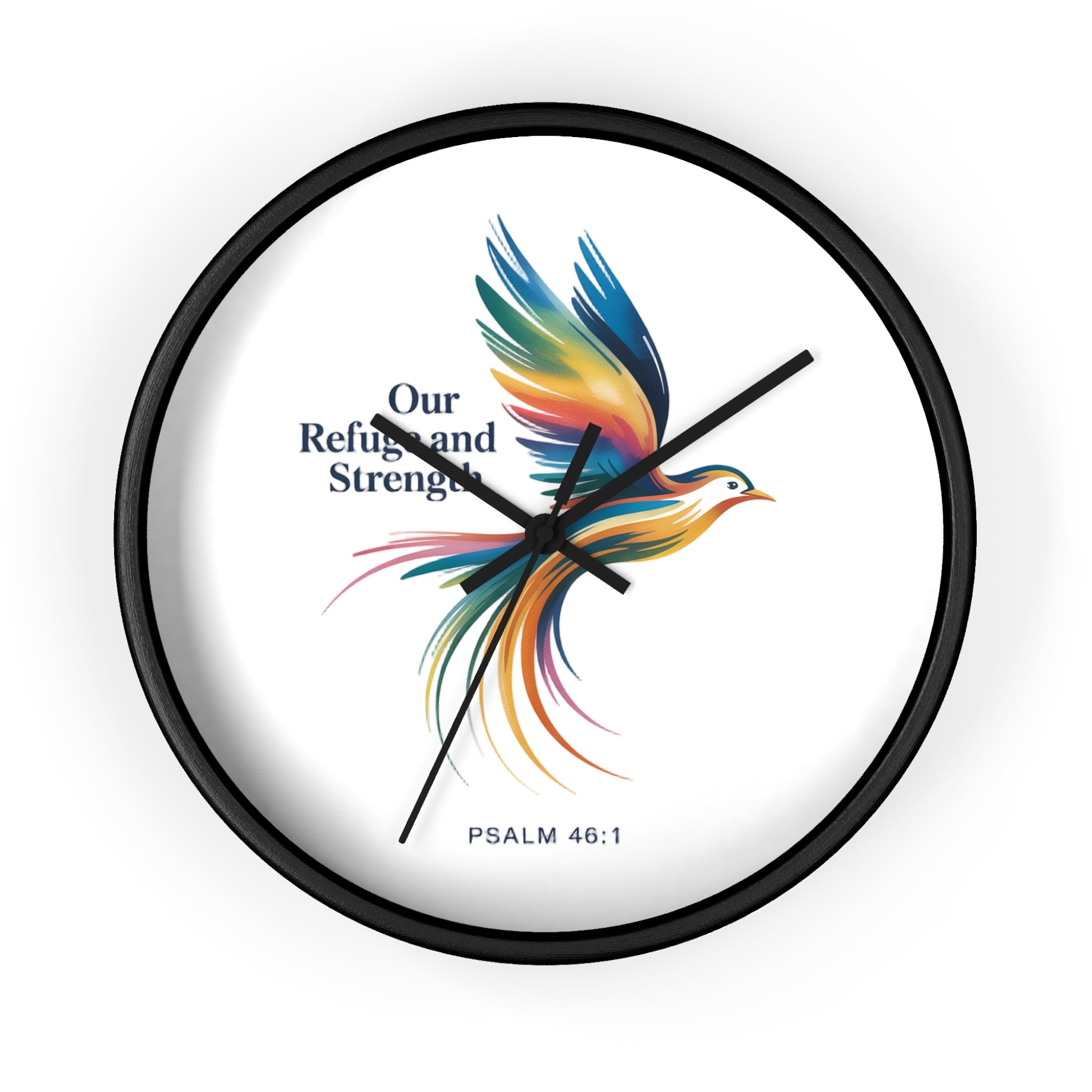 Wall Clock — 'Our Refuge and Strength' Colorful Dove Psalm 46:1 Christian Wall Clock