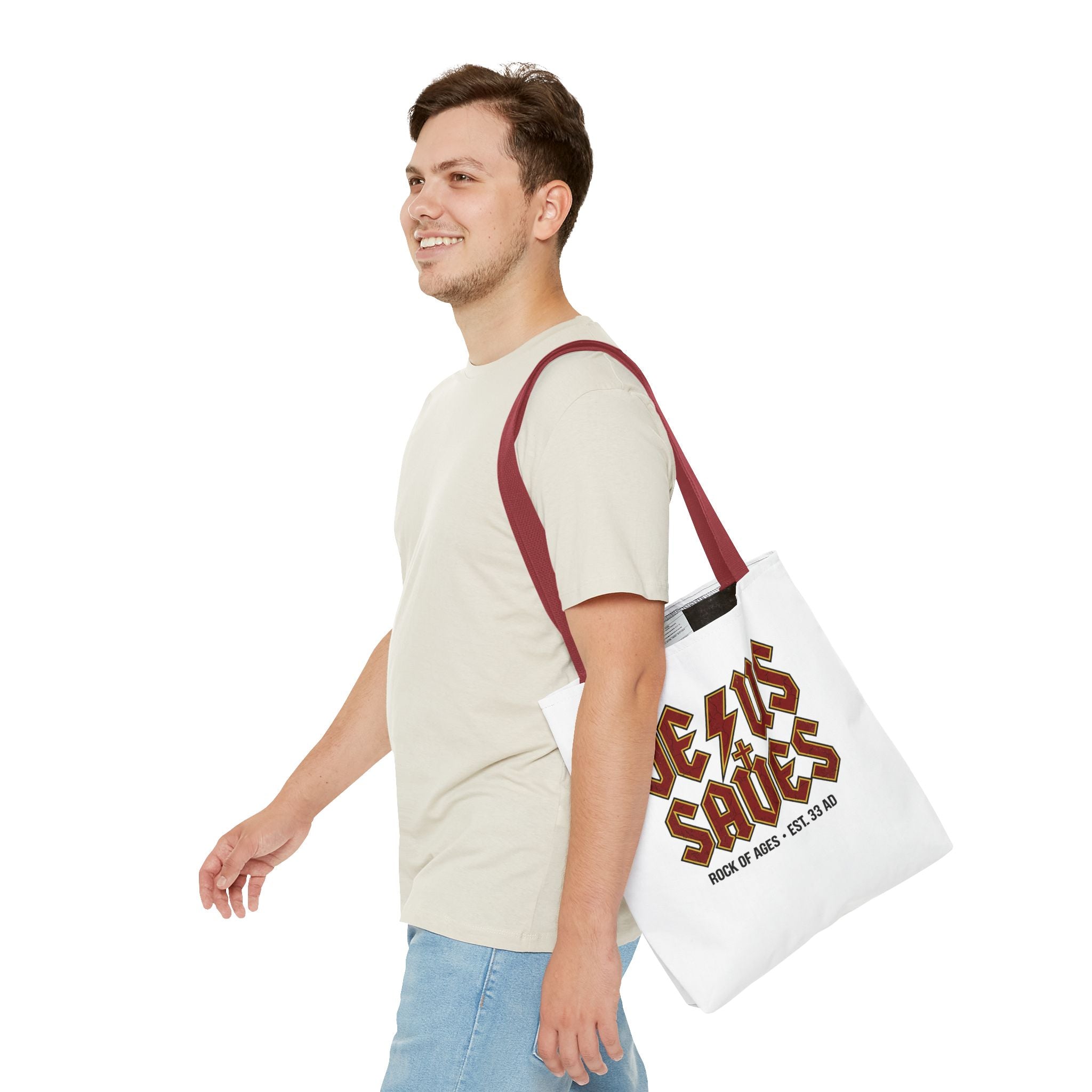 Jesus Saves Tote Bag — Rock of Ages Vintage Christian Tote