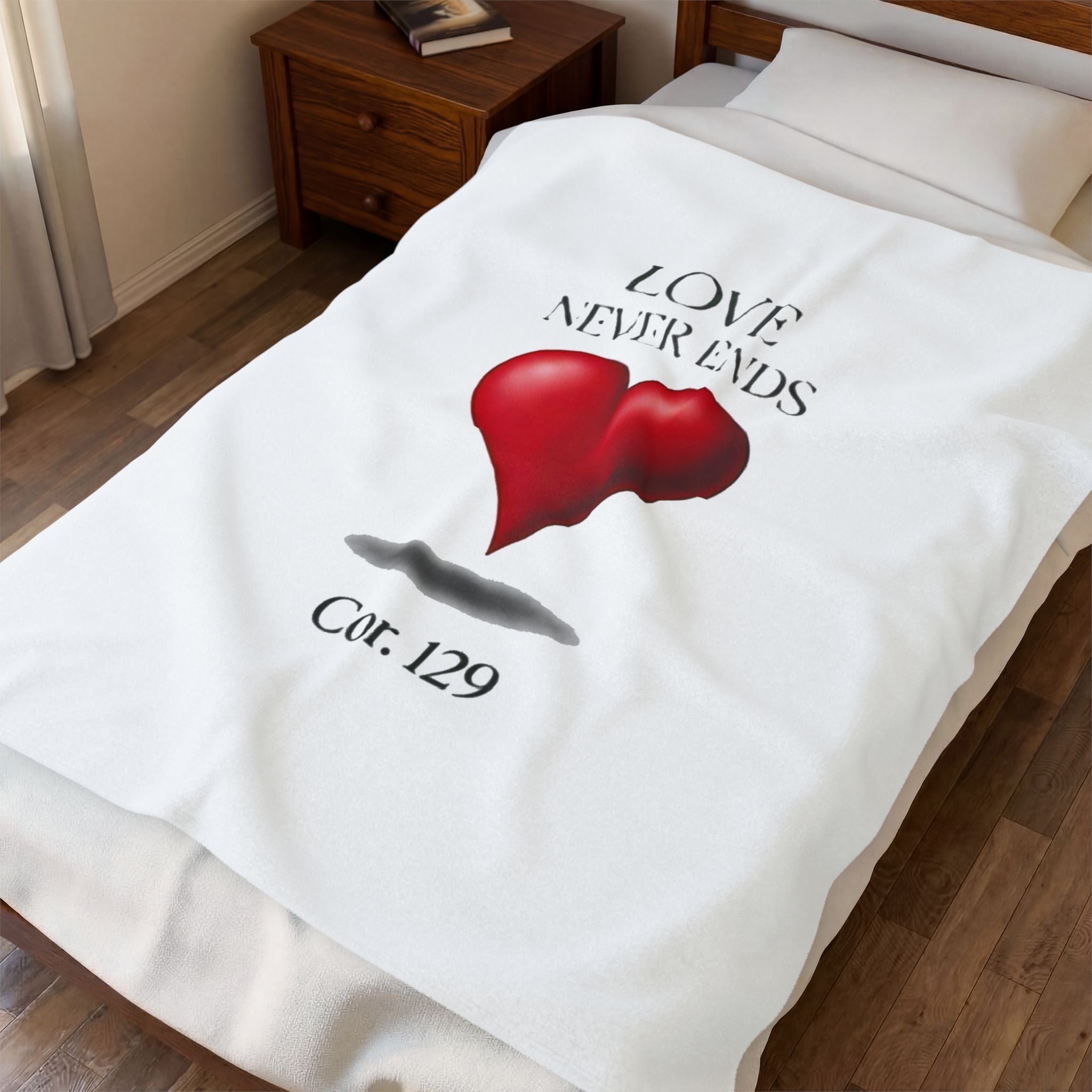 Velveteen Plush Blanket — "Love Never Ends" Heart Design (1 Cor. 13:9)