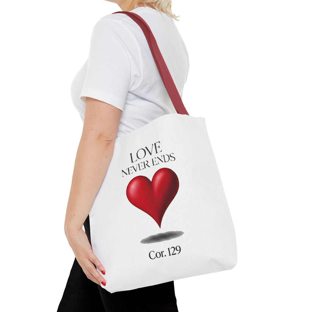 Tote Bag — “Love Never Ends” Heart Tote (Cor. 1:29)