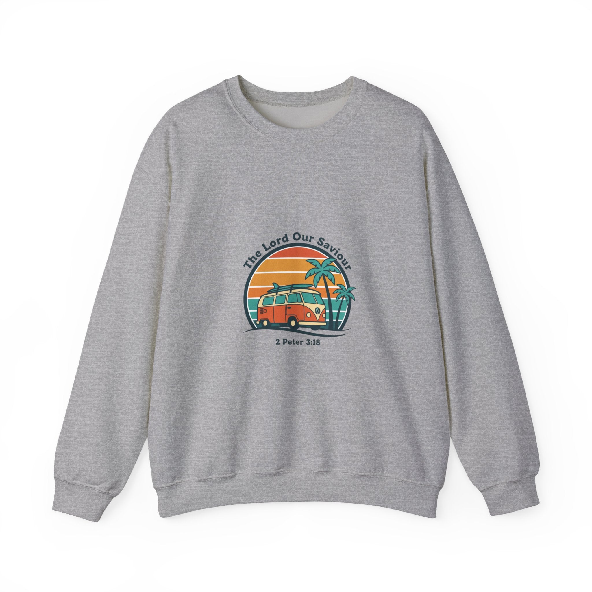 The Lord our Saviour, Retro 70s Sunset Surf Crewneck Sweatshirt | vintage palm postcard design