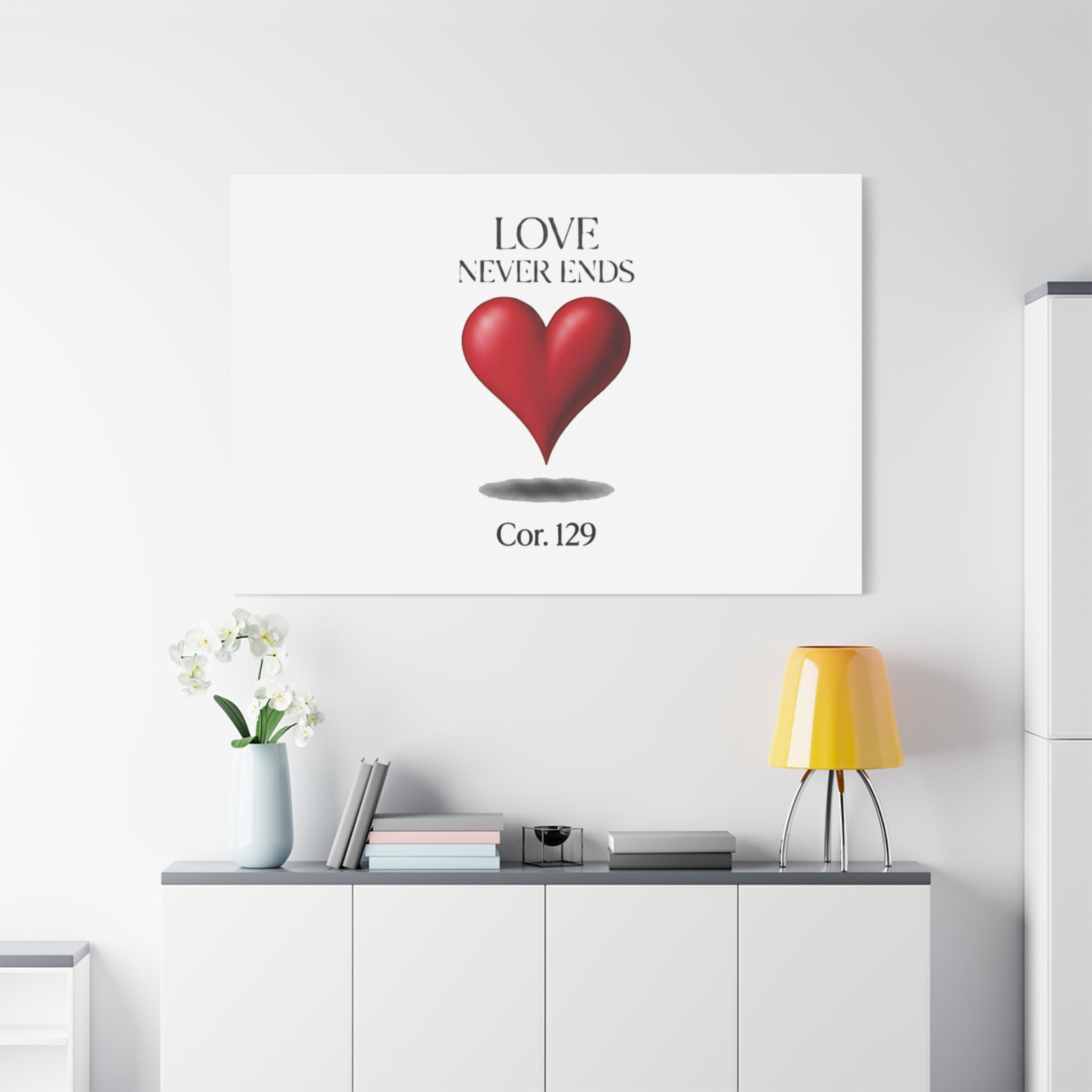 Love Never Ends Canvas Wall Art — Red Heart "Cor. 1:29" Matte Stretched Canvas