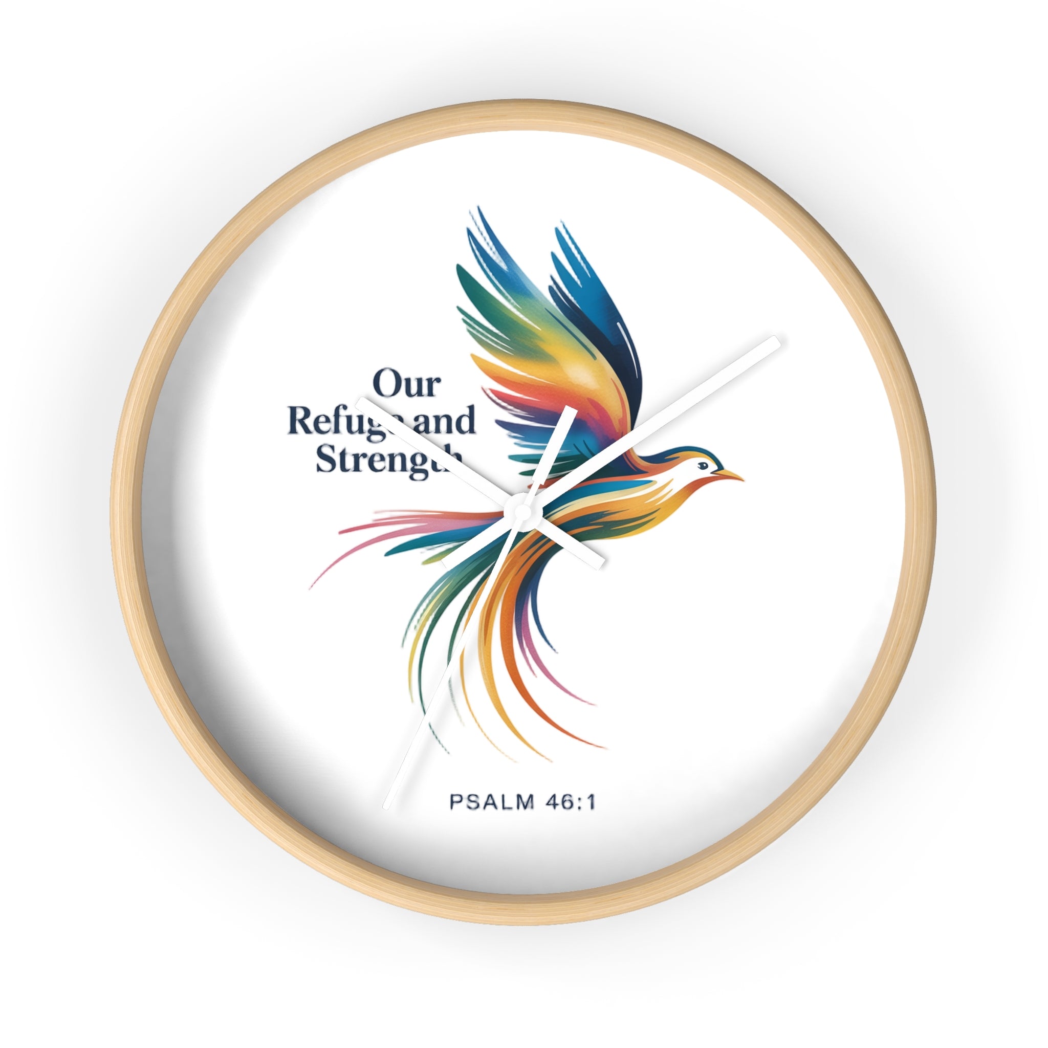 Wall Clock — 'Our Refuge and Strength' Colorful Dove Psalm 46:1 Christian Wall Clock