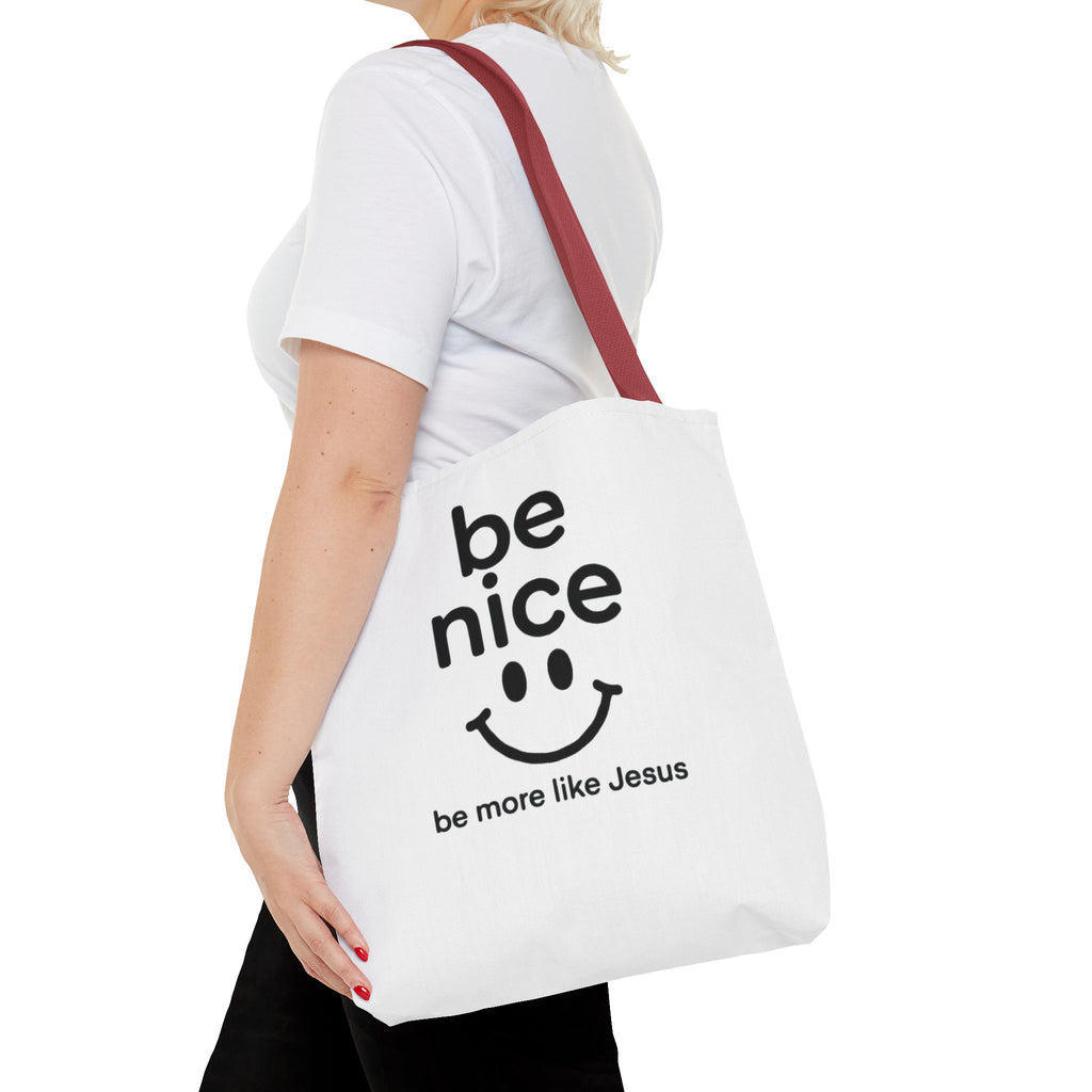 Be Nice Smiley Tote Bag — "be more like Jesus" Inspirational Canvas Tote