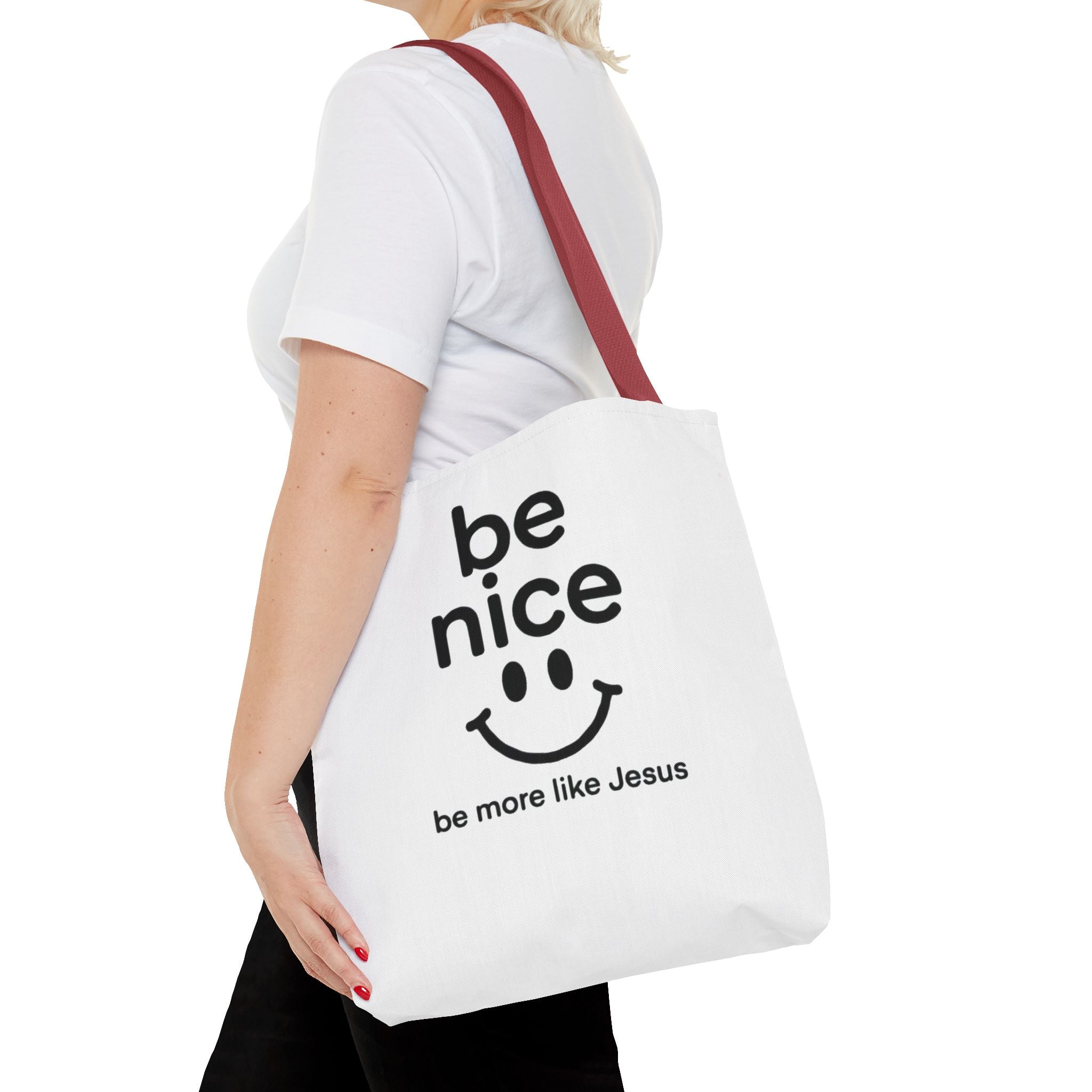 Be Nice Smiley Tote Bag — "be more like Jesus" Inspirational Canvas Tote