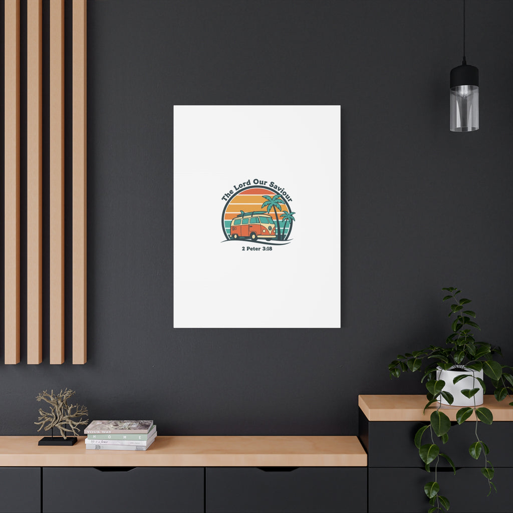 The Lord our Saviour, Retro Surf Sunset Canvas | 70s Van Palm Postcard, Analog Sunshine Aesthetic