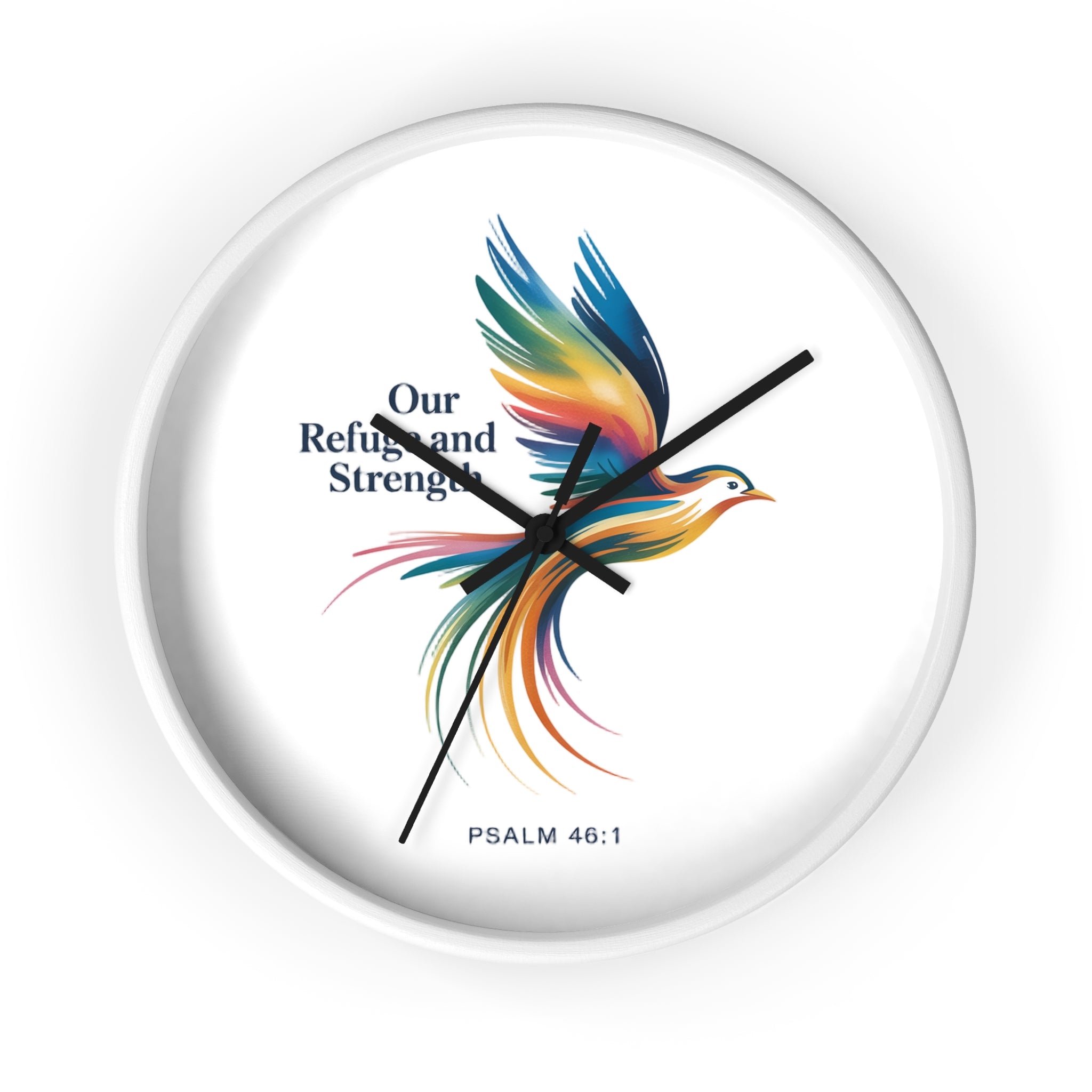 Wall Clock — 'Our Refuge and Strength' Colorful Dove Psalm 46:1 Christian Wall Clock