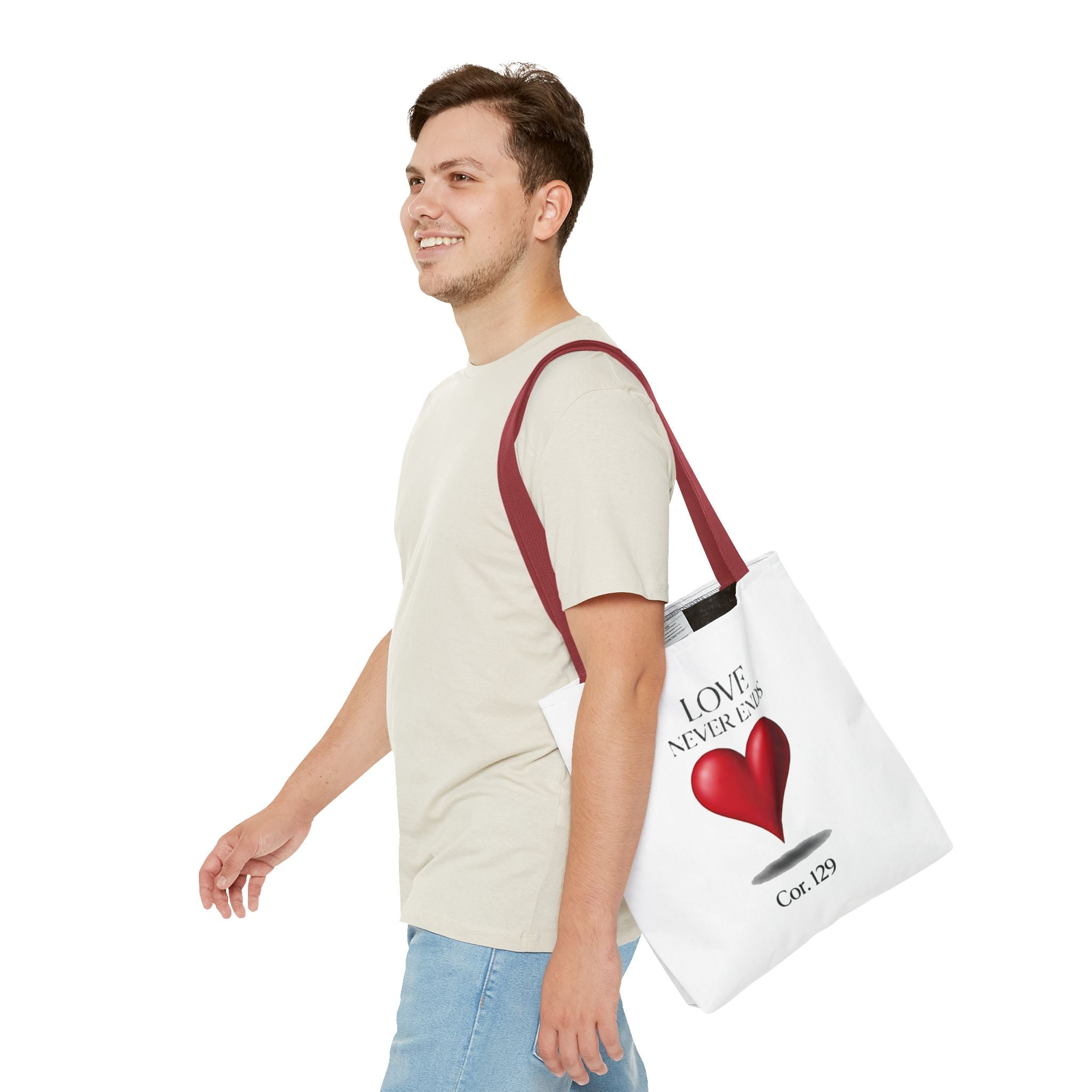 Tote Bag — “Love Never Ends” Heart Tote (Cor. 1:29)